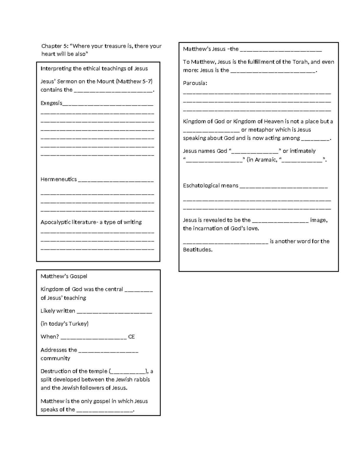 Chapter 5 student note page - Chapter 5: “Where your treasure is, there ...
