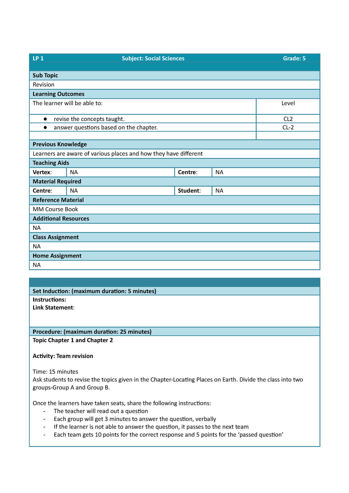 MM SST Gr 5 Term 1 Revision - LP 1 Subject: Social Sciences Grade: 5 ...