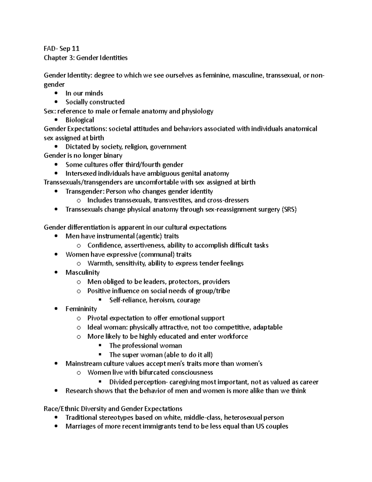 FAD- Chapter 3 - Lecture notes 3 - FAD- Sep 11 Chapter 3: Gender ...