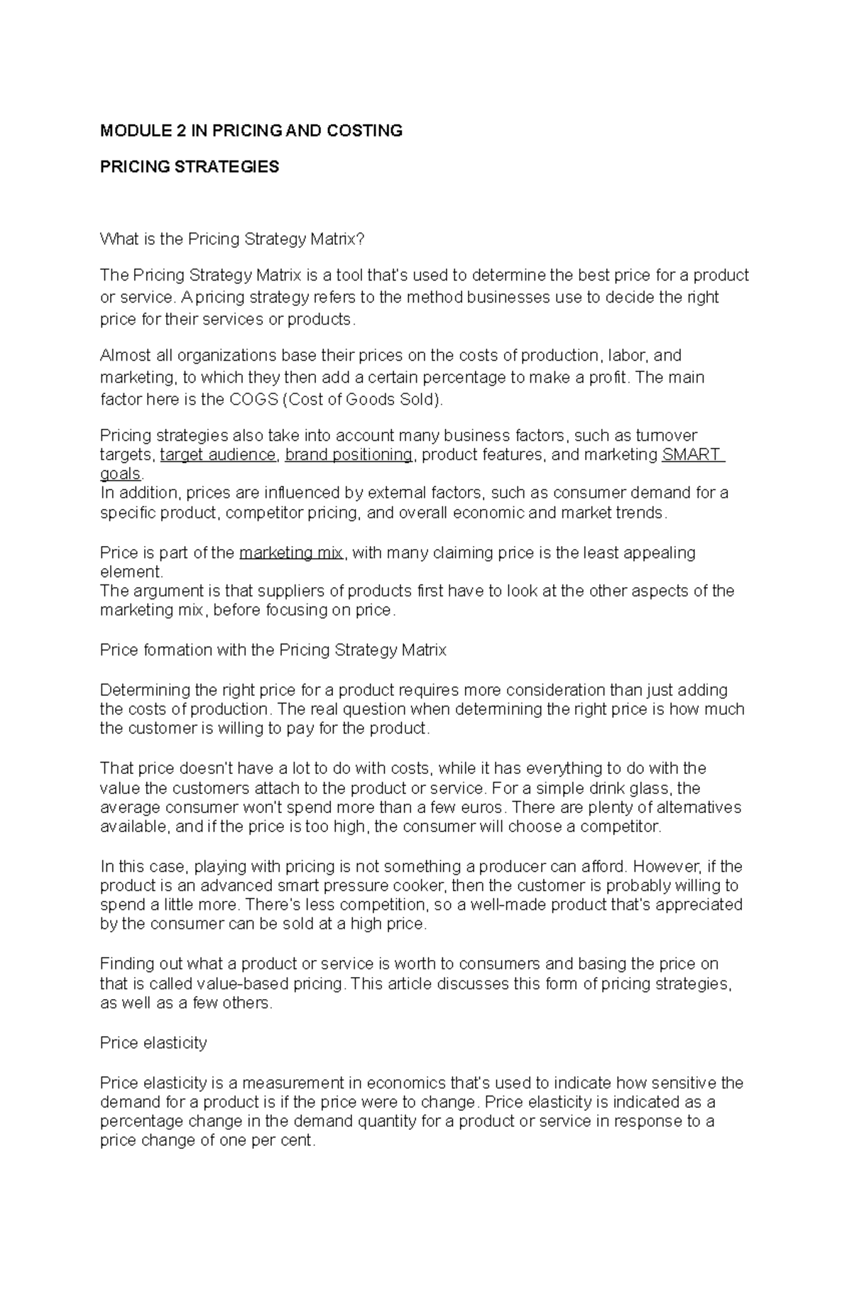 Module 2 Pricing AND Costing MODULE 2 IN PRICING AND COSTING PRICING