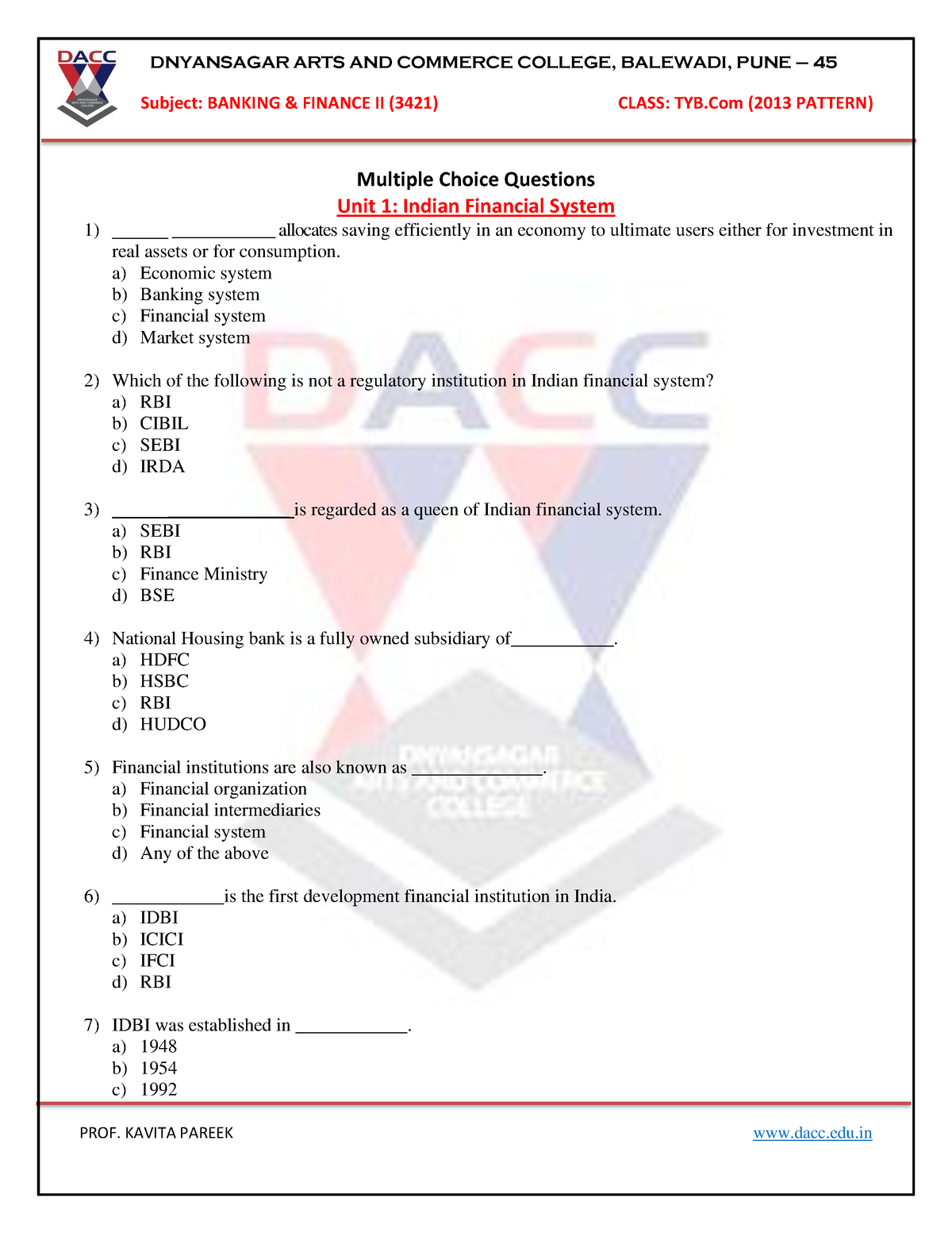 MCQs Banking Finance II TYB - Subject: BANKING & FINANCE II (3421 ...