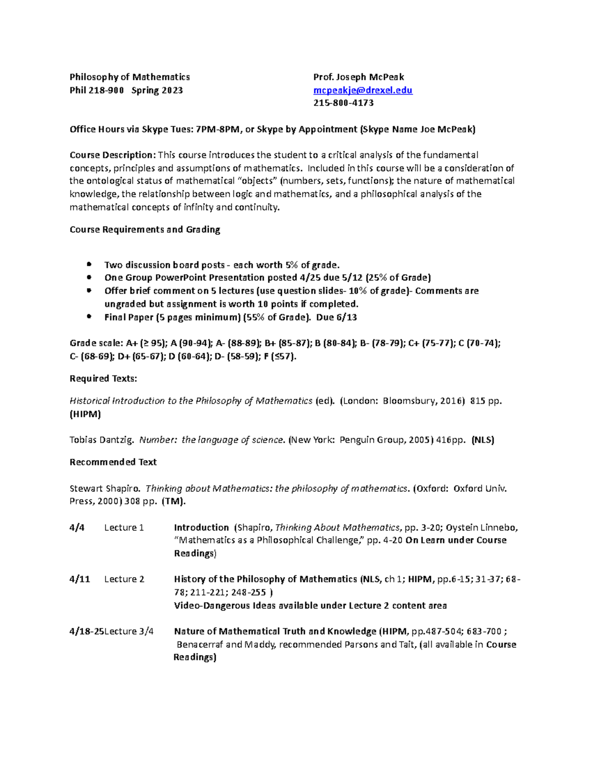 Philosophy of Mathematics syllabus Spring 23 - Philosophy of ...