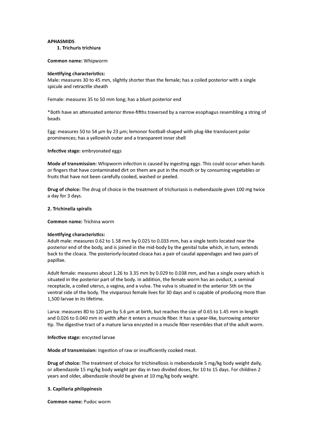 Assign 2 Nematodes.not edited - APHASMIDS Trichuris trichiura Common ...