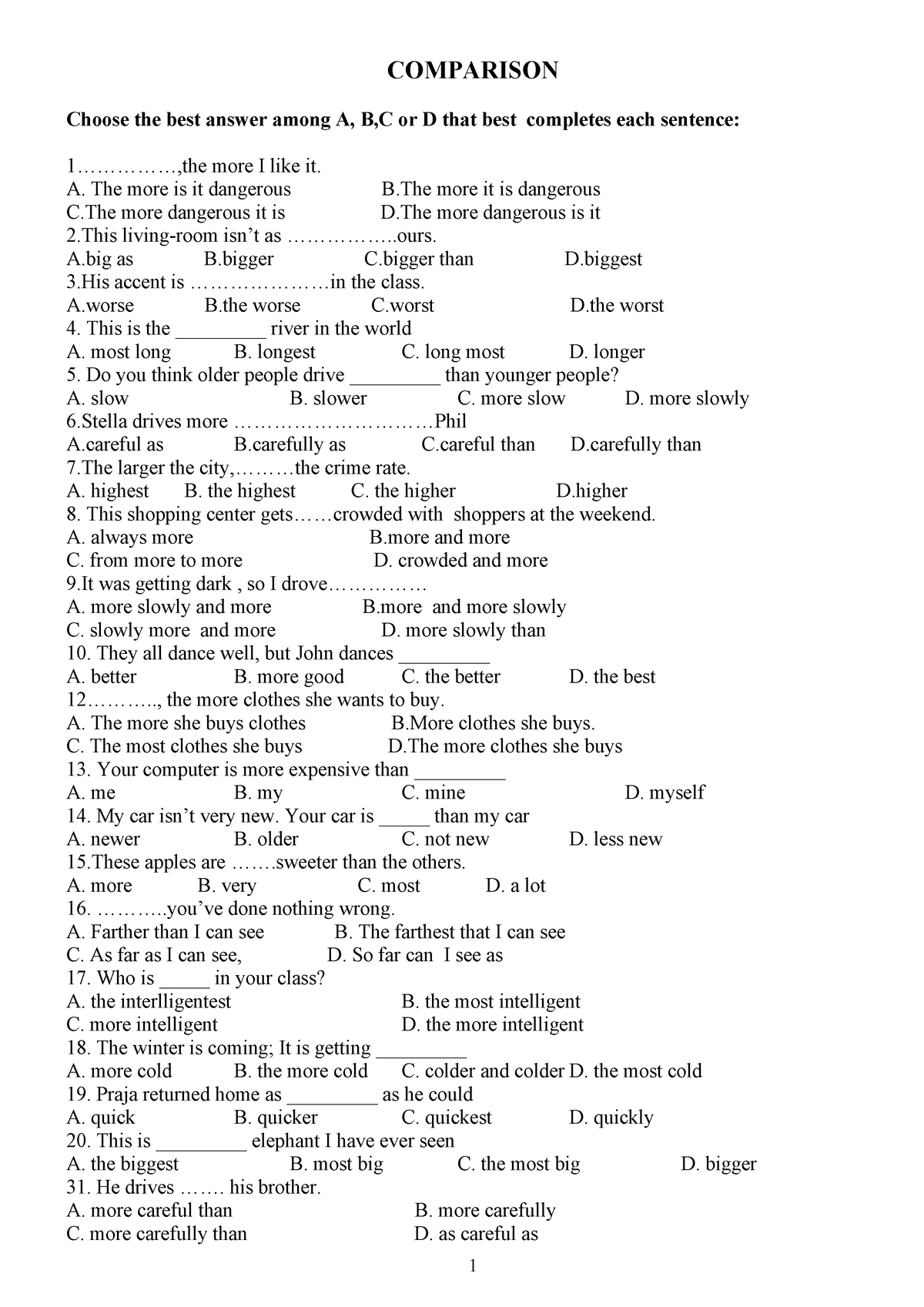 Comparison- Innnn HS- 4 Pages - COMPARISON Choose The Best Answer Among ...