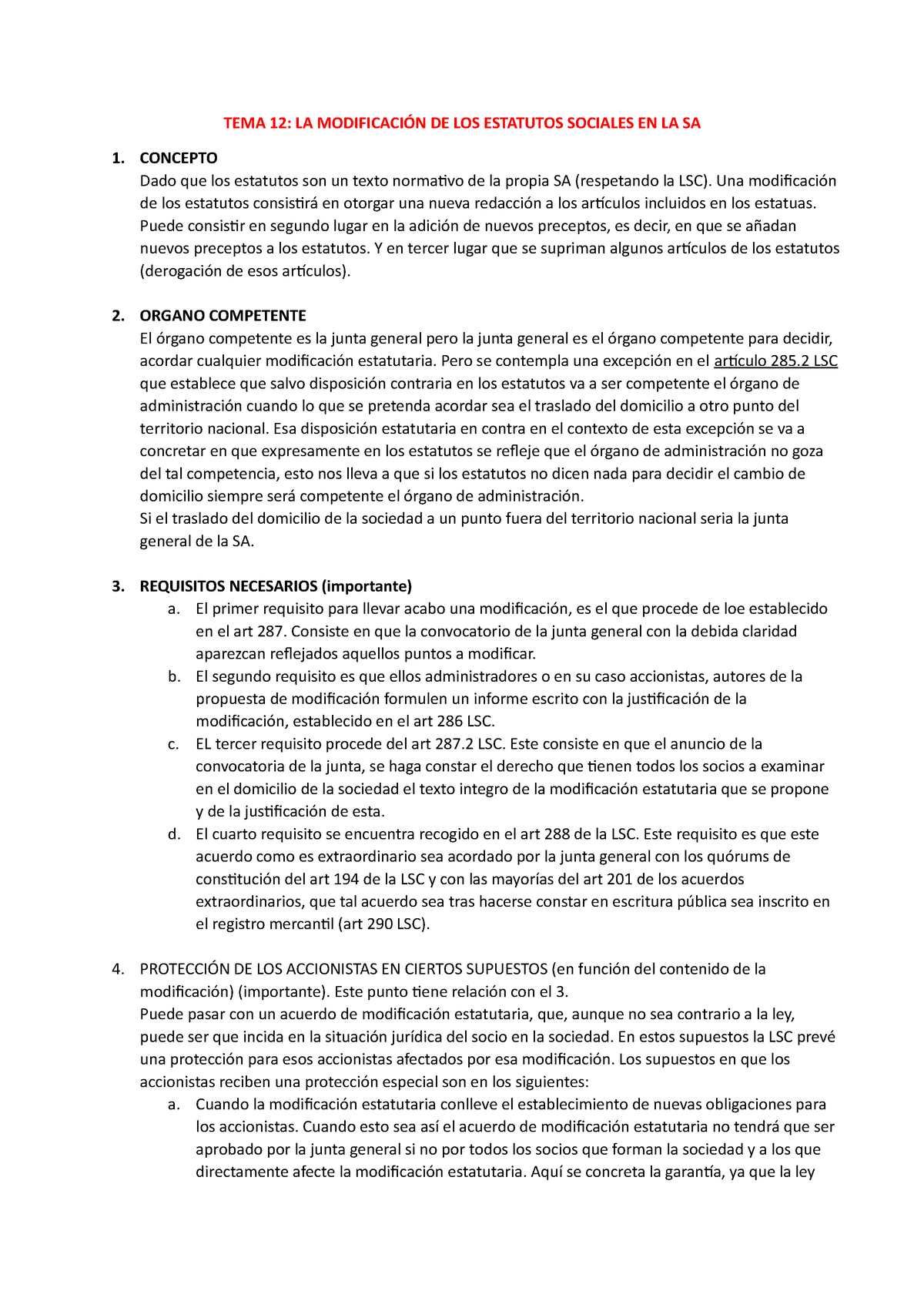 Tema 12 Mio Apuntes 12 Tema 12 La ModificaciÓn De Los Estatutos Sociales En La Sa 1 7946