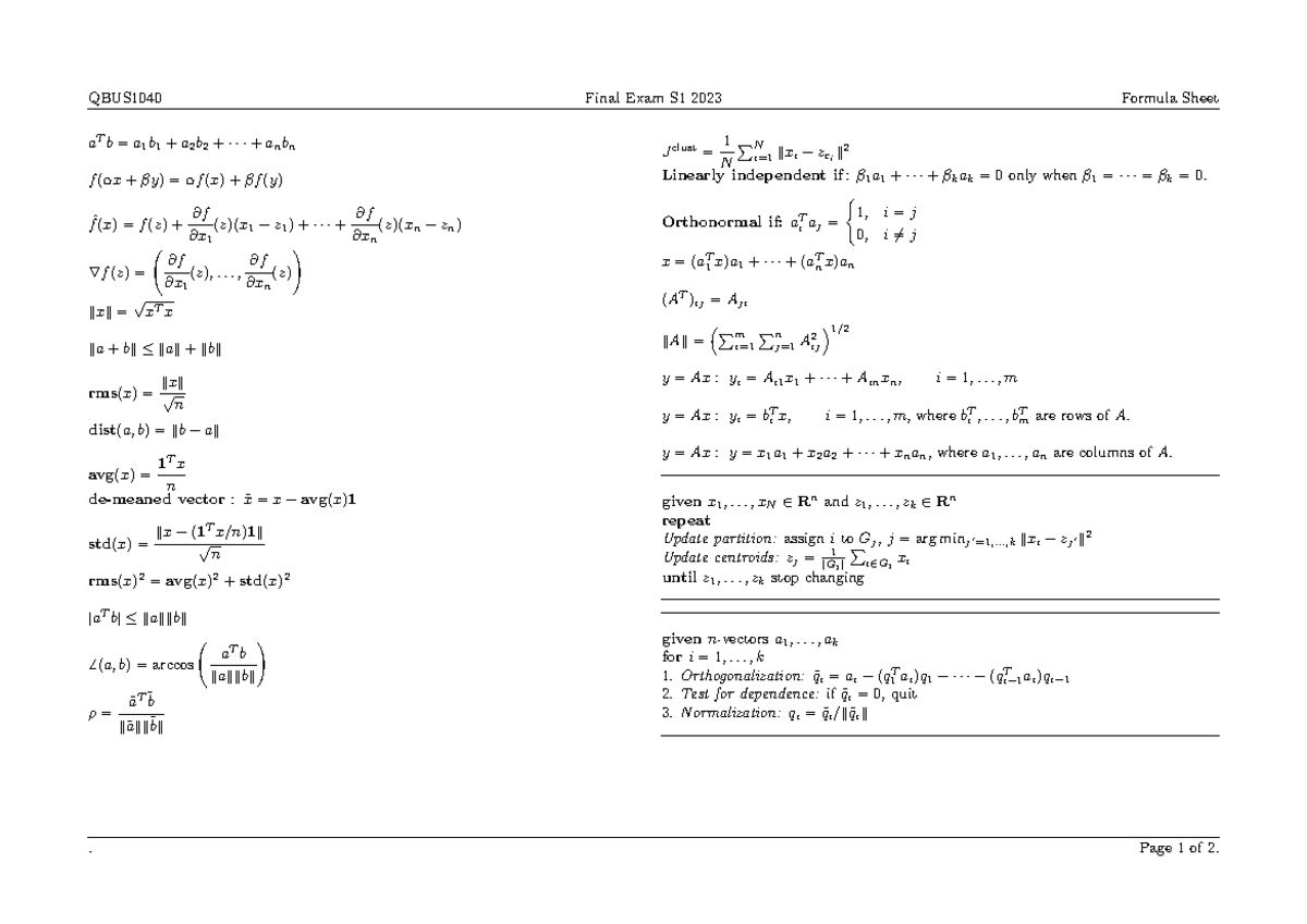 QBUS1040 formula sheet - QBUS1040 Final Exam S1 2023 Formula Sheet a T ...