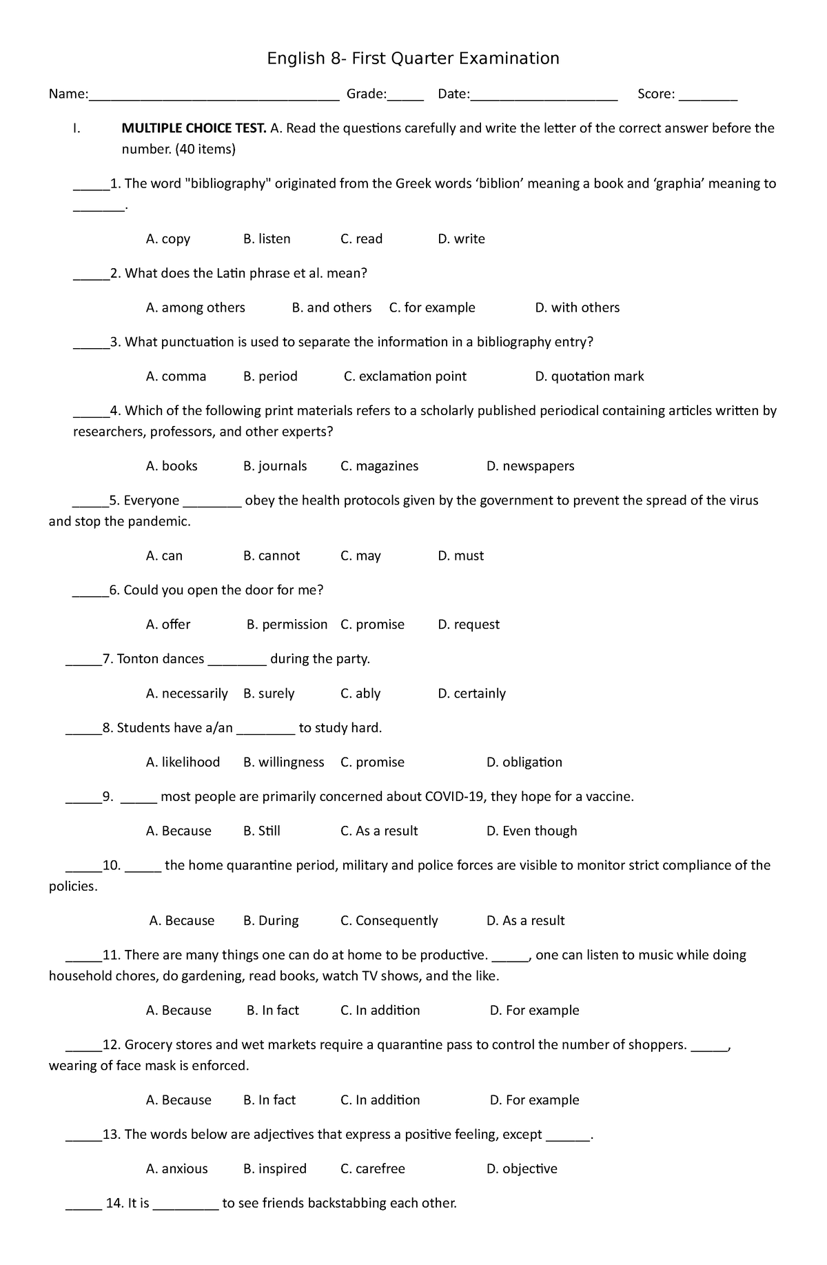 English 8 Exam 22-23 - Sample Exam - English 8- First Quarter ...