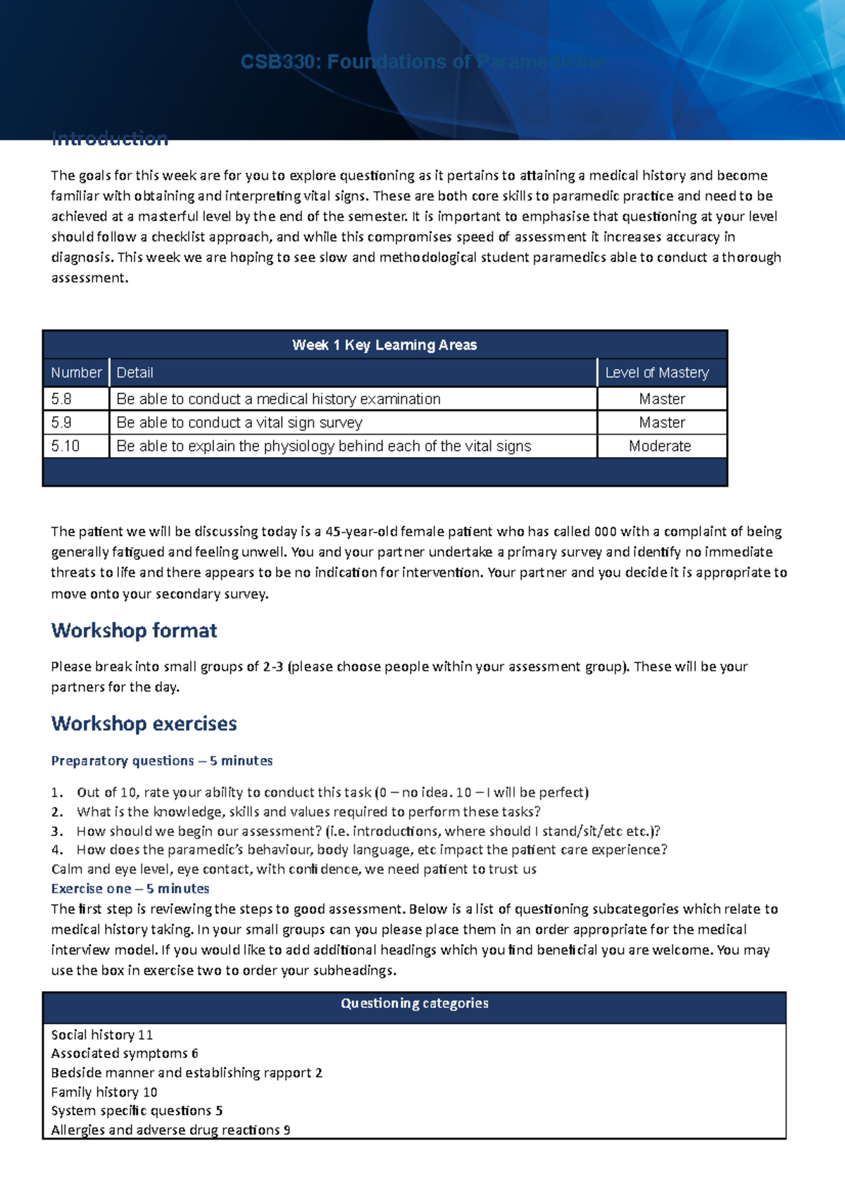 Inbound, tutorial 6 paramedic - Introduction The goals for this week ...