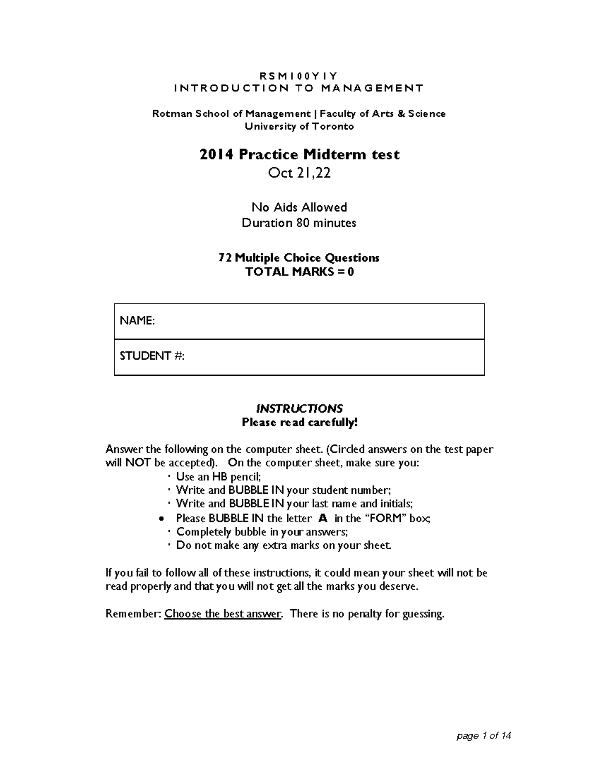 Practice Midterm test 2014, Questions and answers - R S M 1 0 0 Y 1 Y I ...