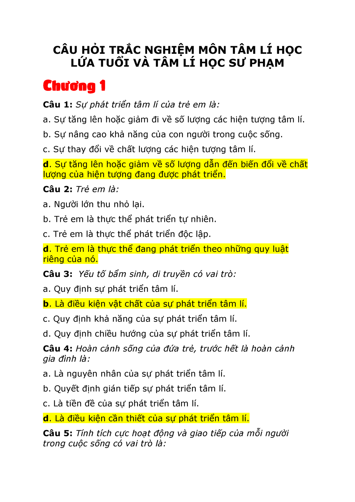 Câu Hỏi Trắc Nghiệm Môn Tâm Lí Học Lứa Tuổi Và Tâm Lí Học Sư Phạm CÂu