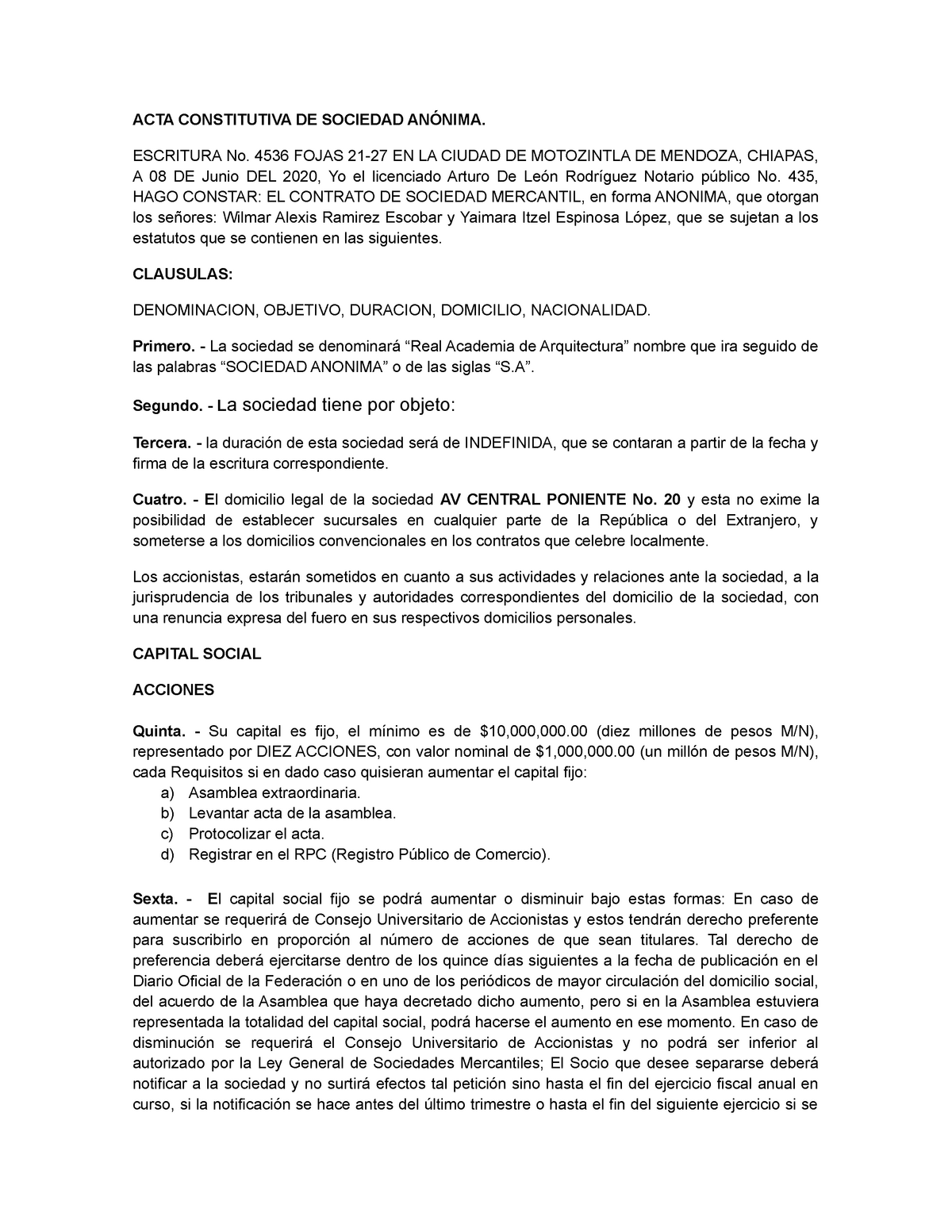 Acta Constitutiva De Sociedad Anónima 2 Acta Constitutiva De Sociedad 0867