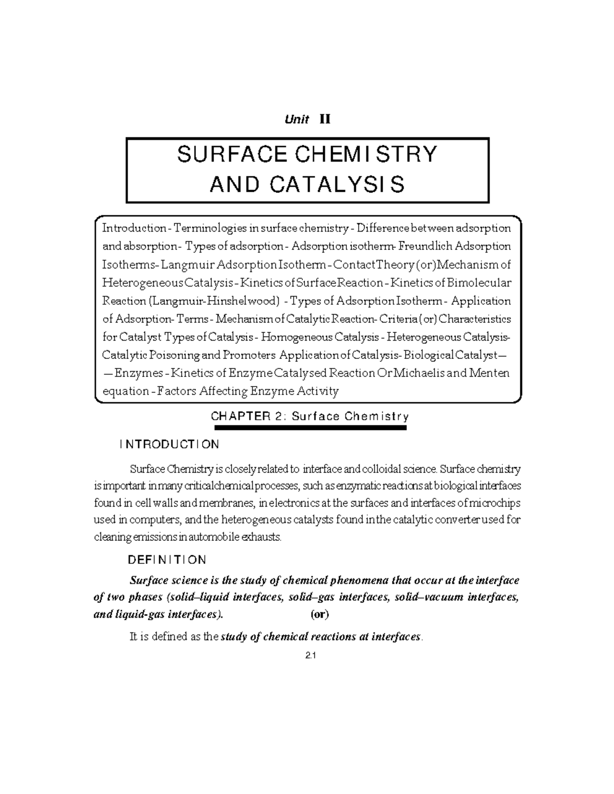 Surface Chemistry& Catalysis Notes Surface Chemistry and Catalysis 2