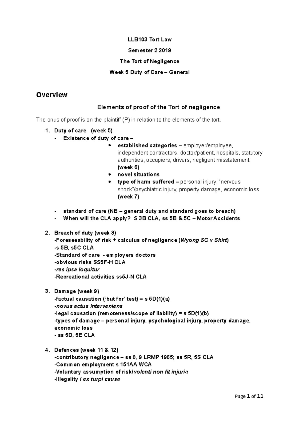 Week 5 DOC - duty of care - LLB103 Tort Law Semester 2 2019 The Tort of ...