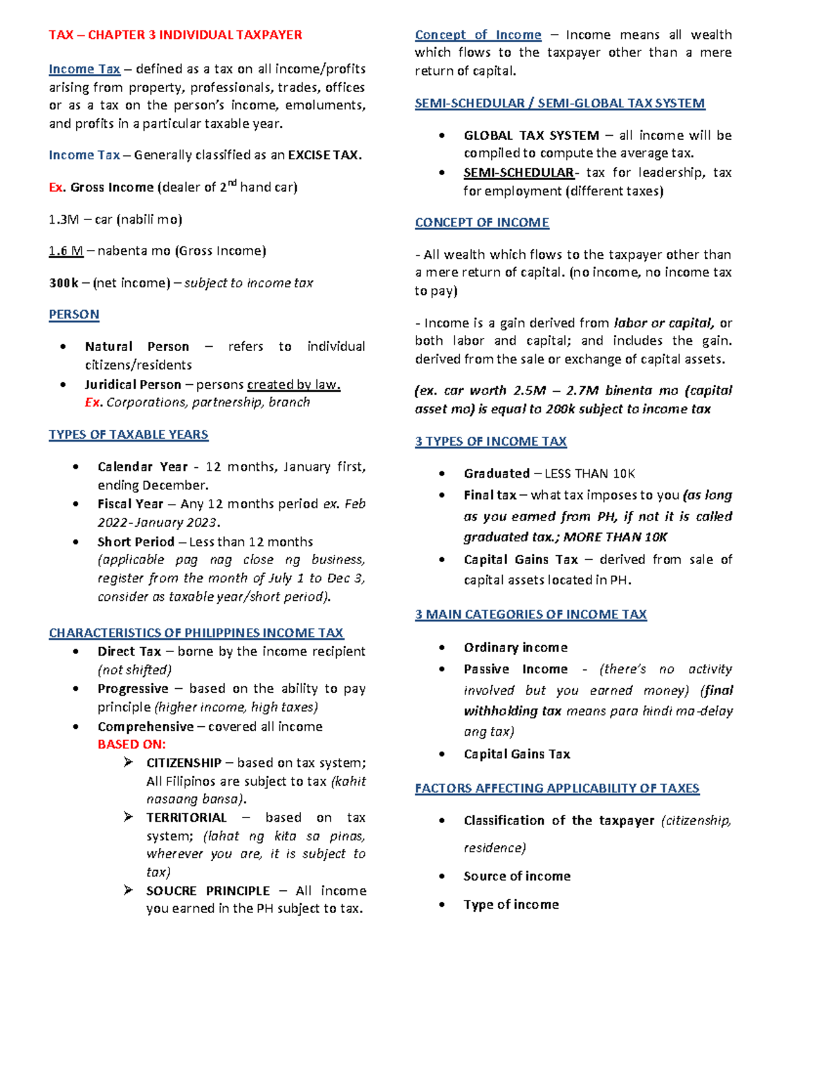 TAXATION CHAPTER 2 - TAX – CHAPTER 3 INDIVIDUAL TAXPAYER Income Tax ...