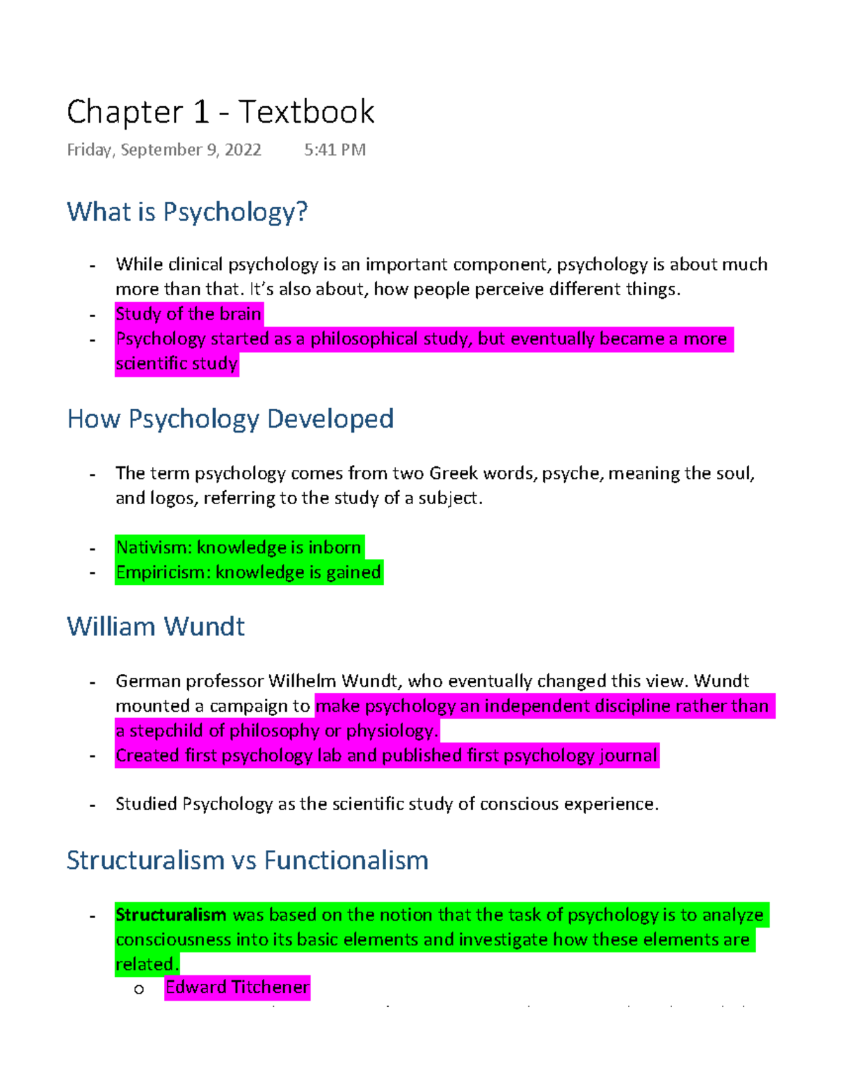 PSYC 1001 - Chapter 1 Textbook Notes - What Is Psychology? While ...