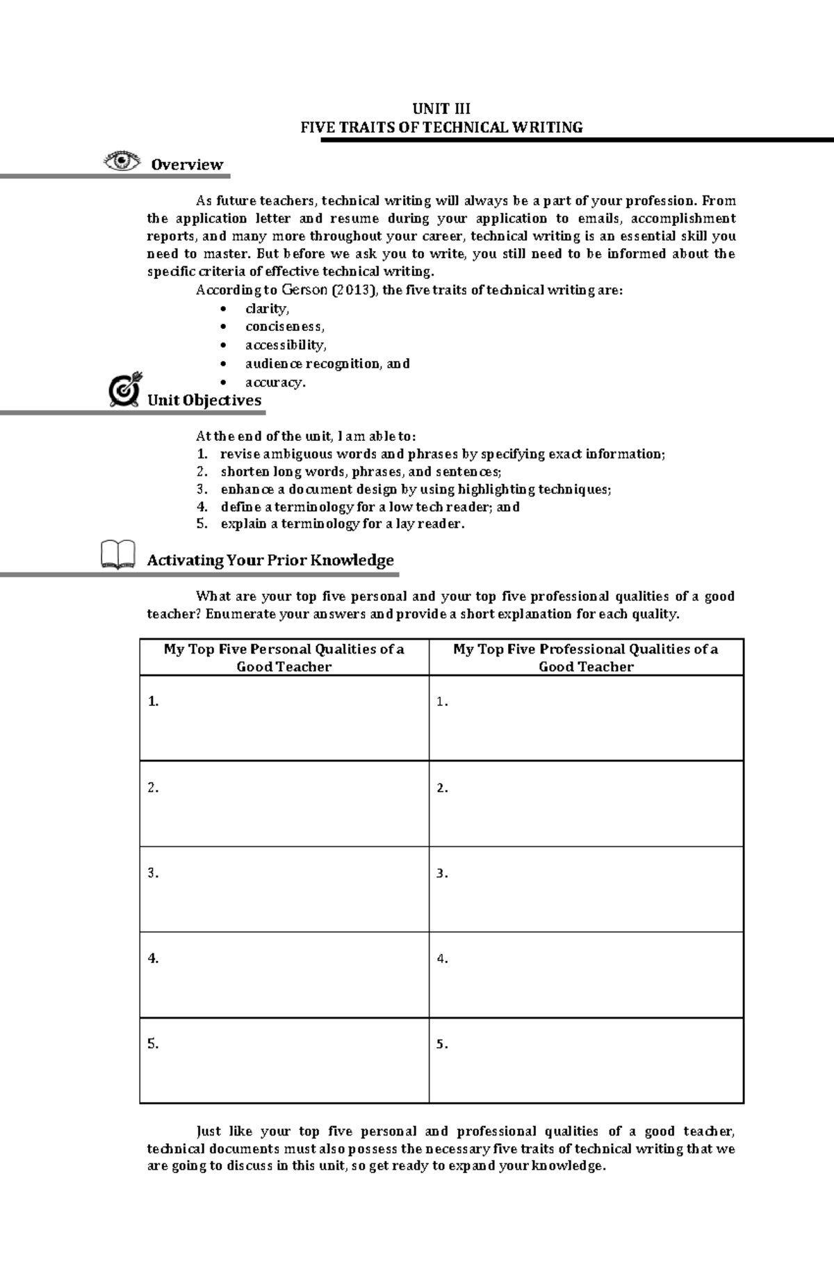 UNIT 3 ELP Lecture UNIT III FIVE TRAITS OF TECHNICAL WRITING 