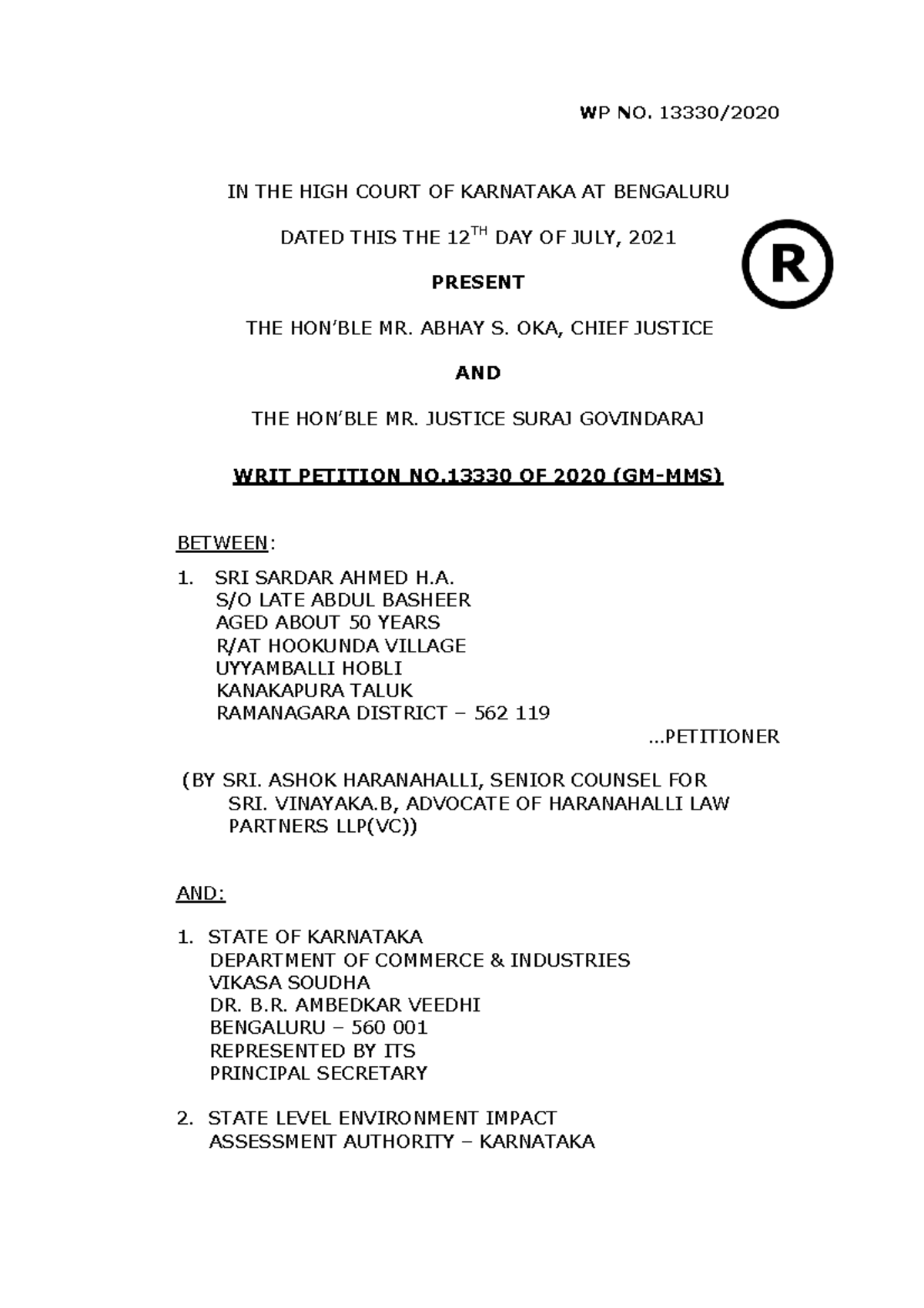 Case 1 Case Summary WP NO. 13330/ IN THE HIGH COURT OF KARNATAKA AT