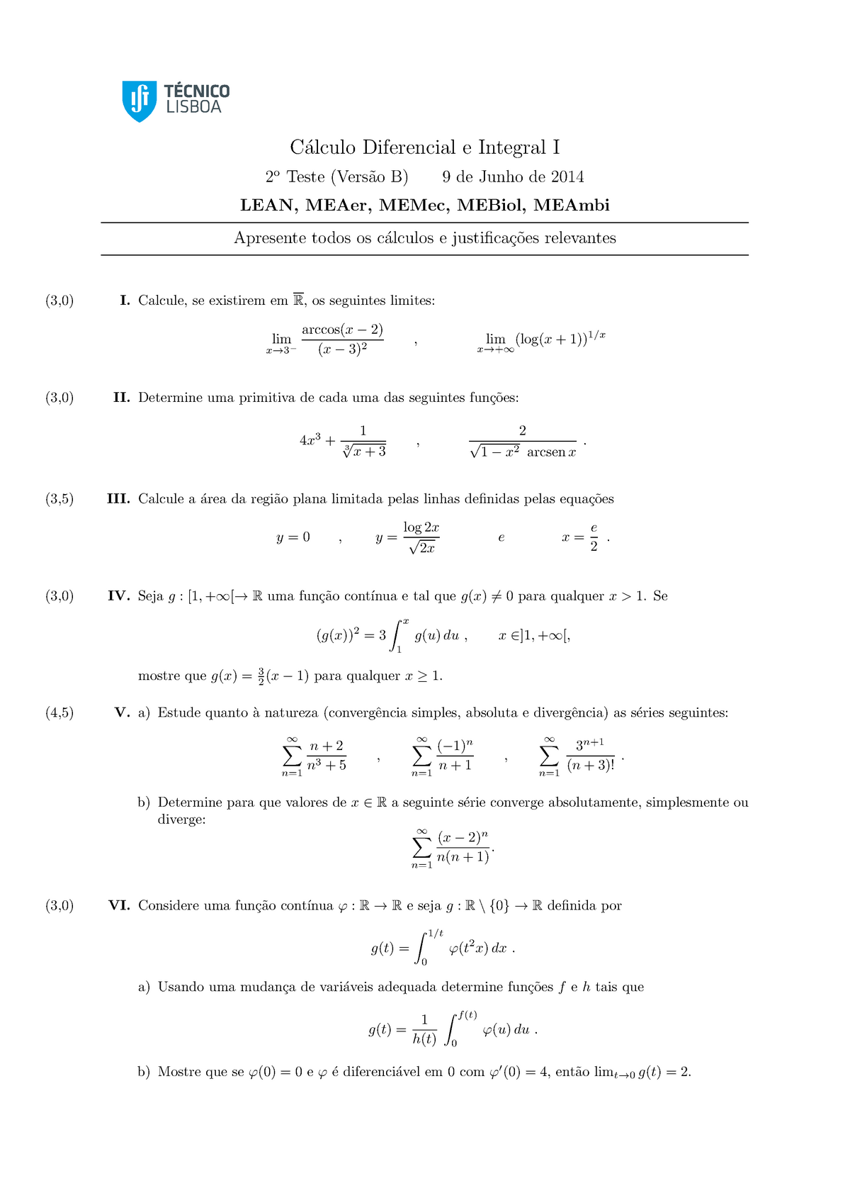 Prova 2014, Questões - C´alculo Diferencial E Integral I 2o Teste (Vers ...