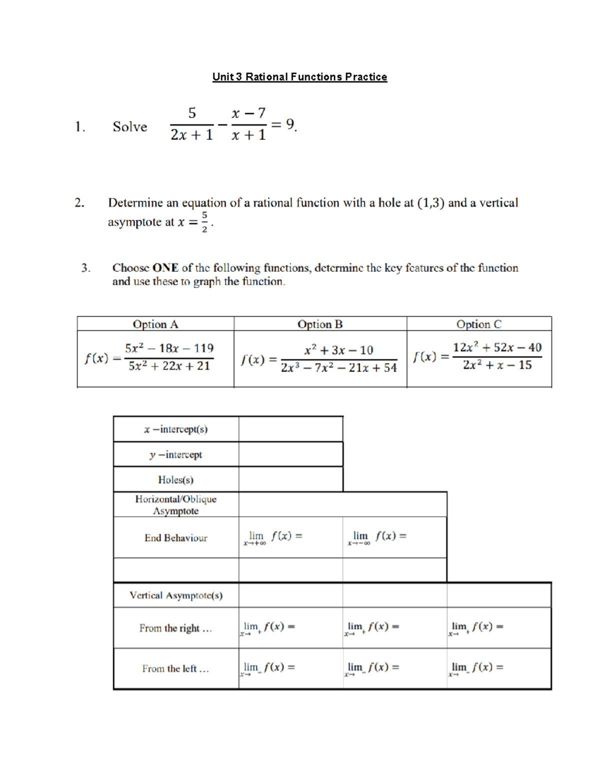 Unit 3 Rational Functions Practice - Nov 17 - ADMS2500 - Unit 3 ...
