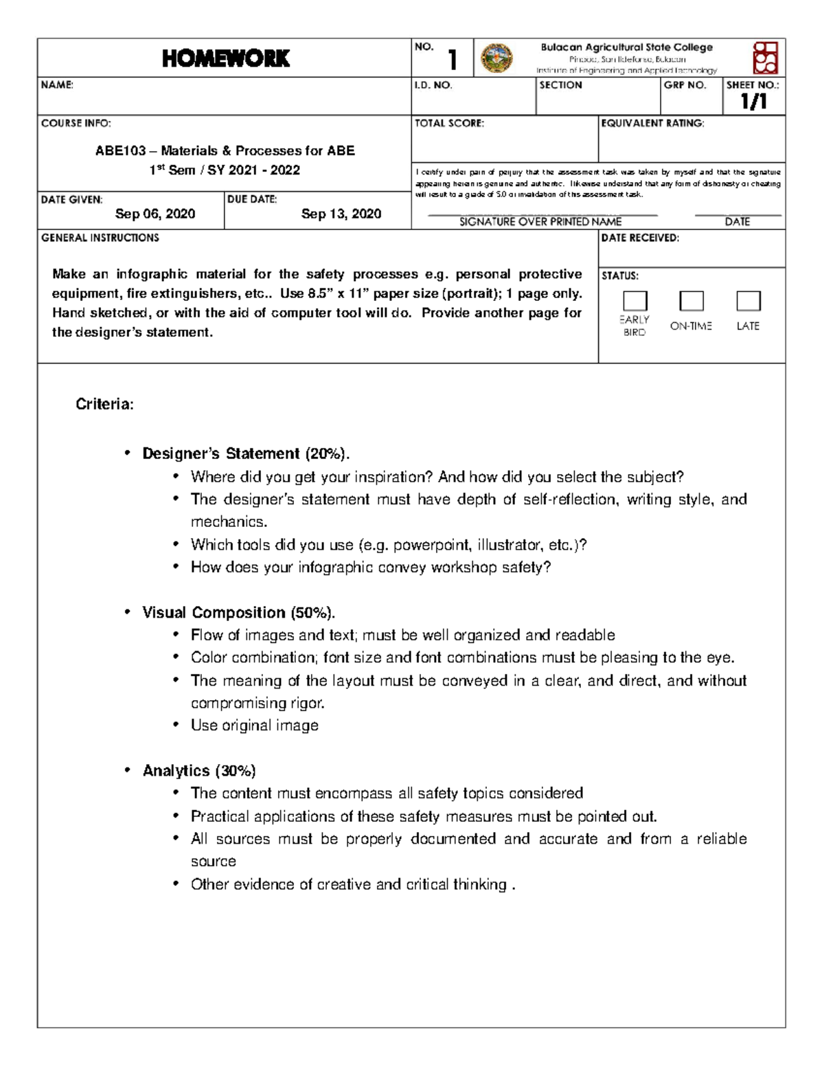 ABE103 HW01 - Assignment in ABE - ABE103 – Materials & Processes for ...