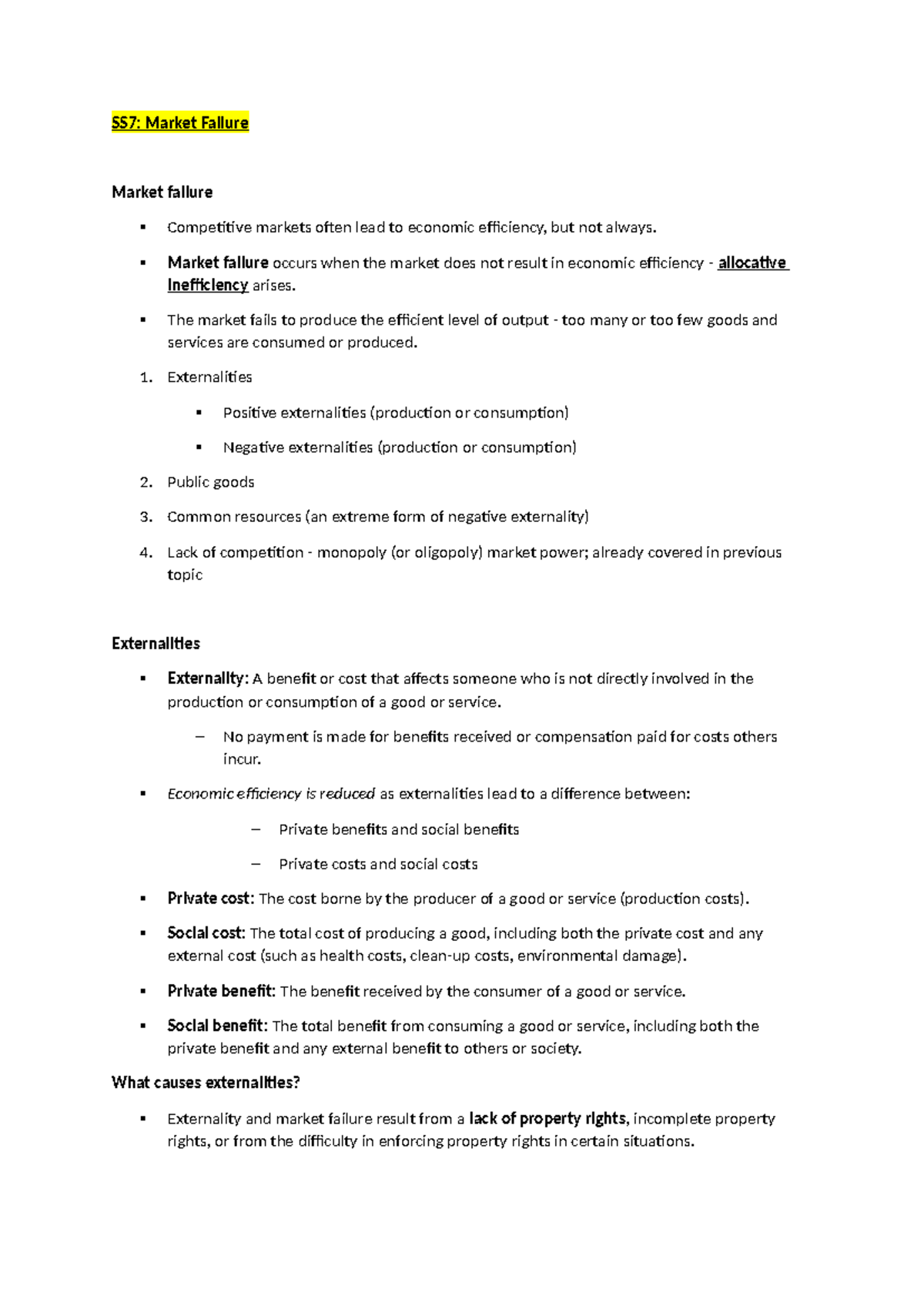 ECON Notes 2 - SS7: Market Failure Market failure Competitive markets ...