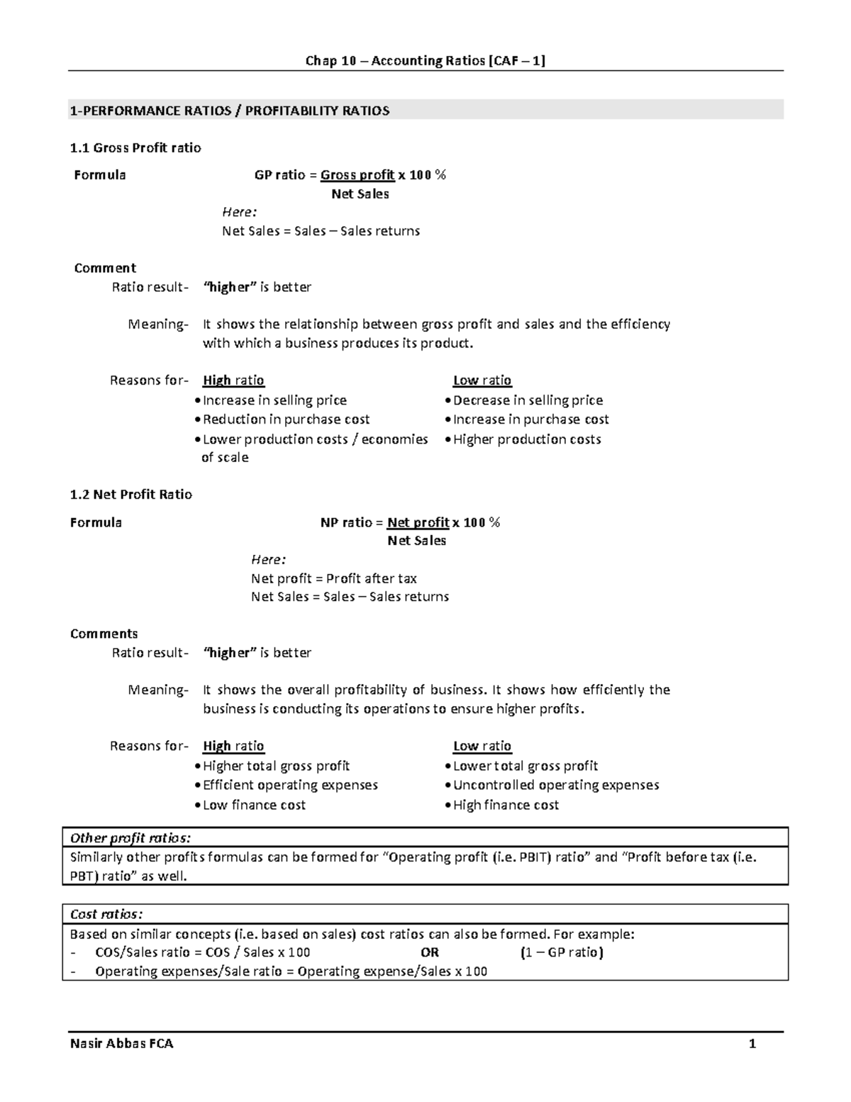 Accounting Ratios - Class notes - 1 - PERFORMANCE RATIOS ...