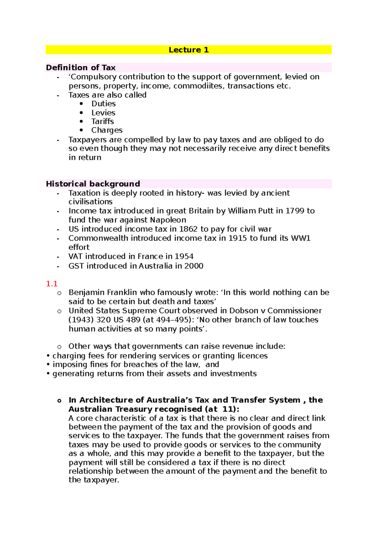 Tax notes week 1-6 - Lecture 1 Definition of Tax ‘Compulsory ...