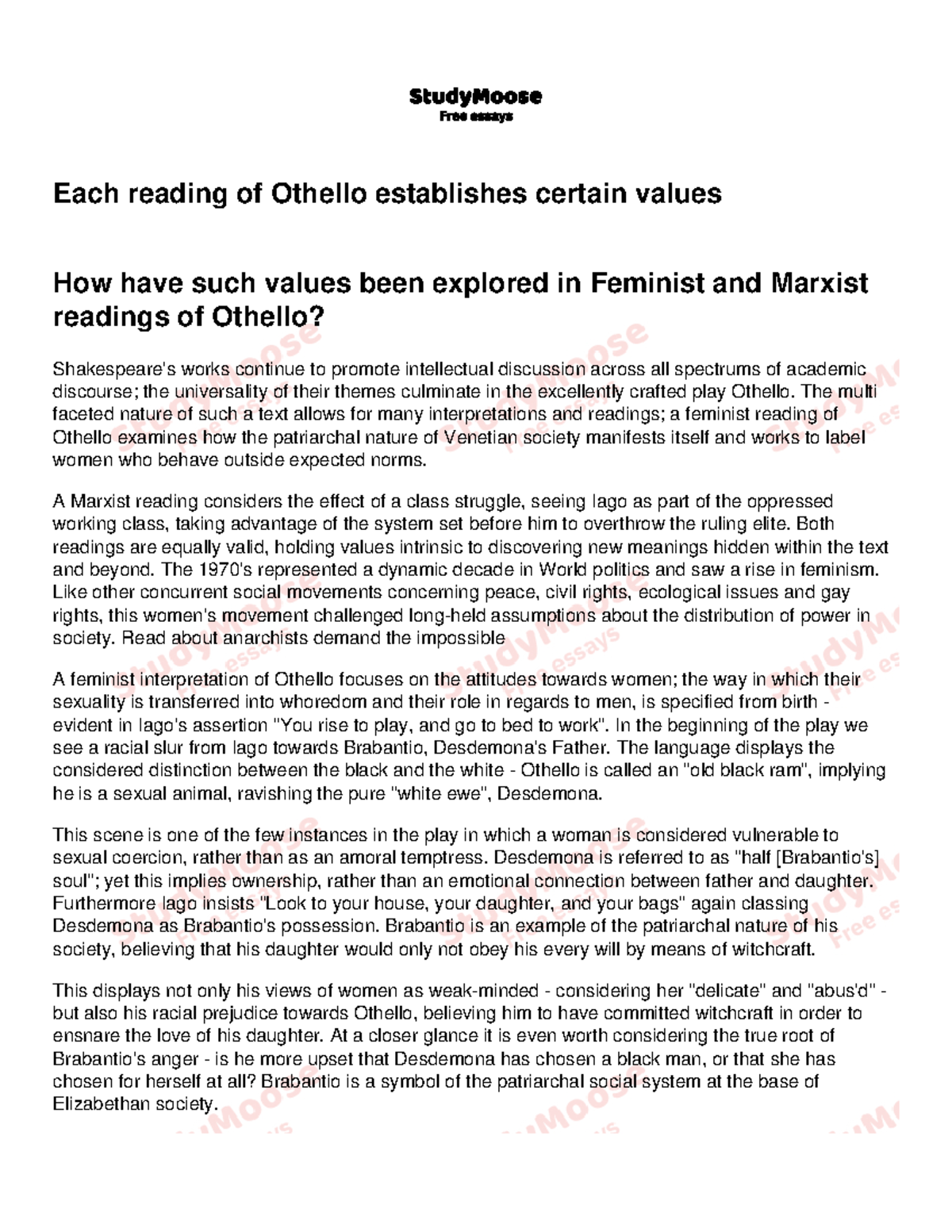 Each reading of Othello establishes certain values - Studocu