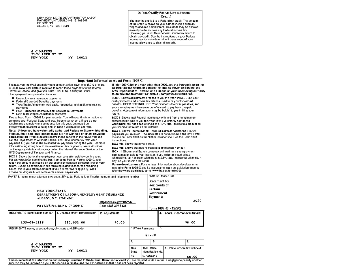1099Tax Form NEW YORK STATE DEPARTMENT OF LABOR PAYMENT UNIT
