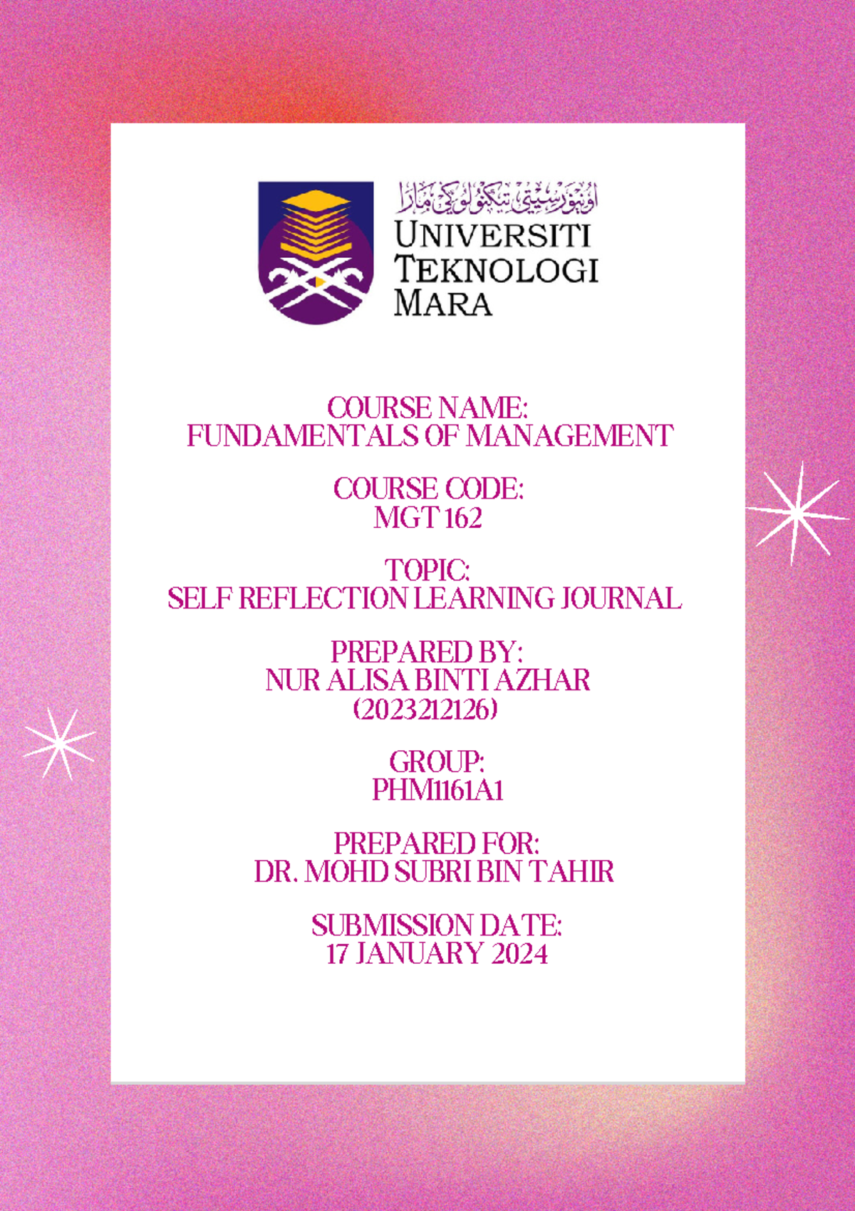 Indv assgmnt MGT162 (alisa) - COURSE NAME: FUNDAMENTALS OF MANAGEMENT ...