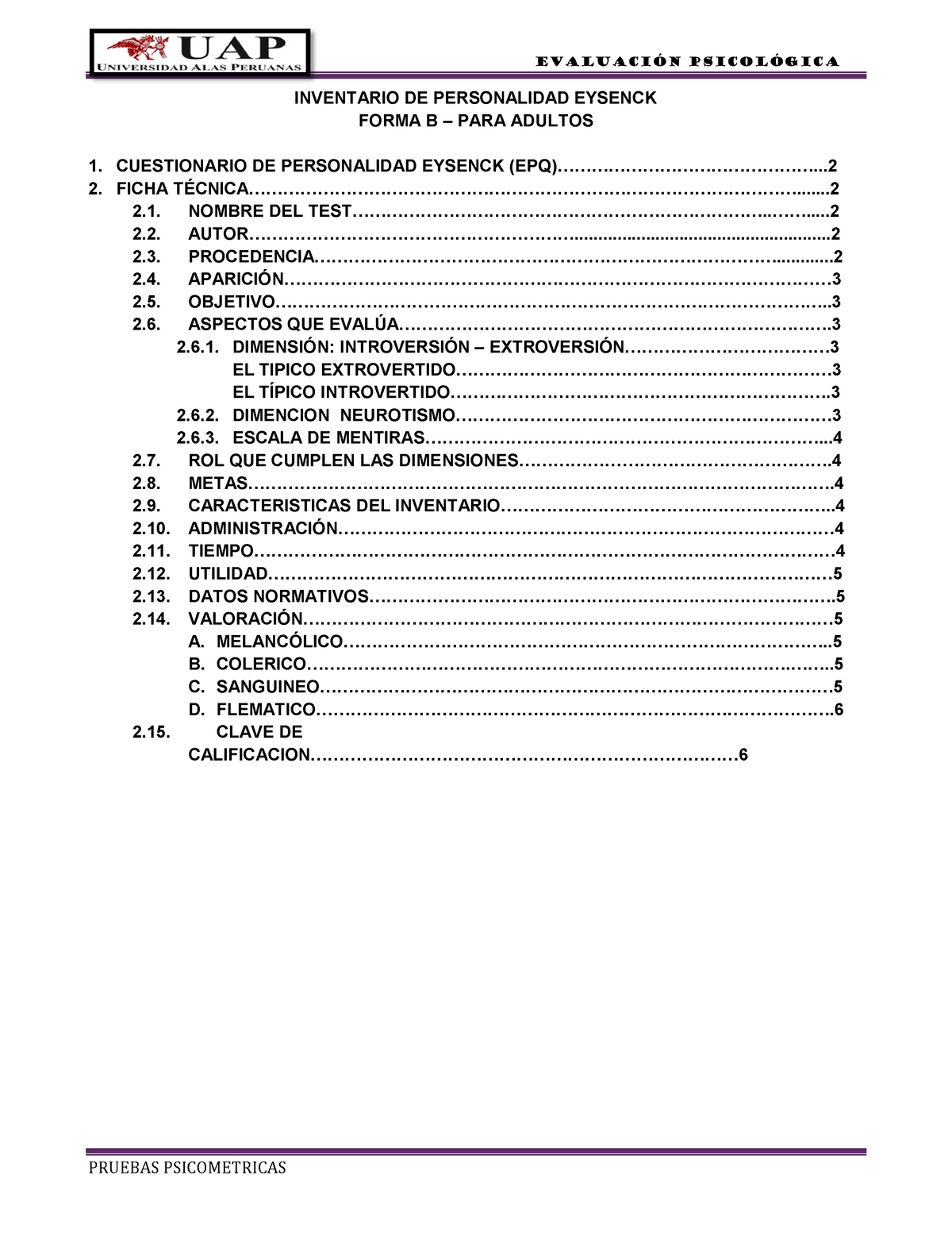 INVENTARIO DE PERSONALIDAD EYSENCK FORMA B – PARA ADULTOS - PRUEBAS ...