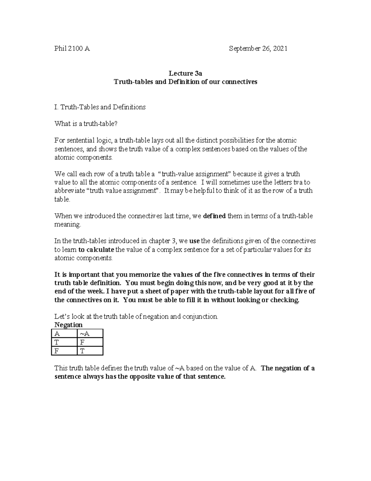 Lecture 3a - notes - Phil 2100 A September 26, 2021 Lecture 3a Truth ...
