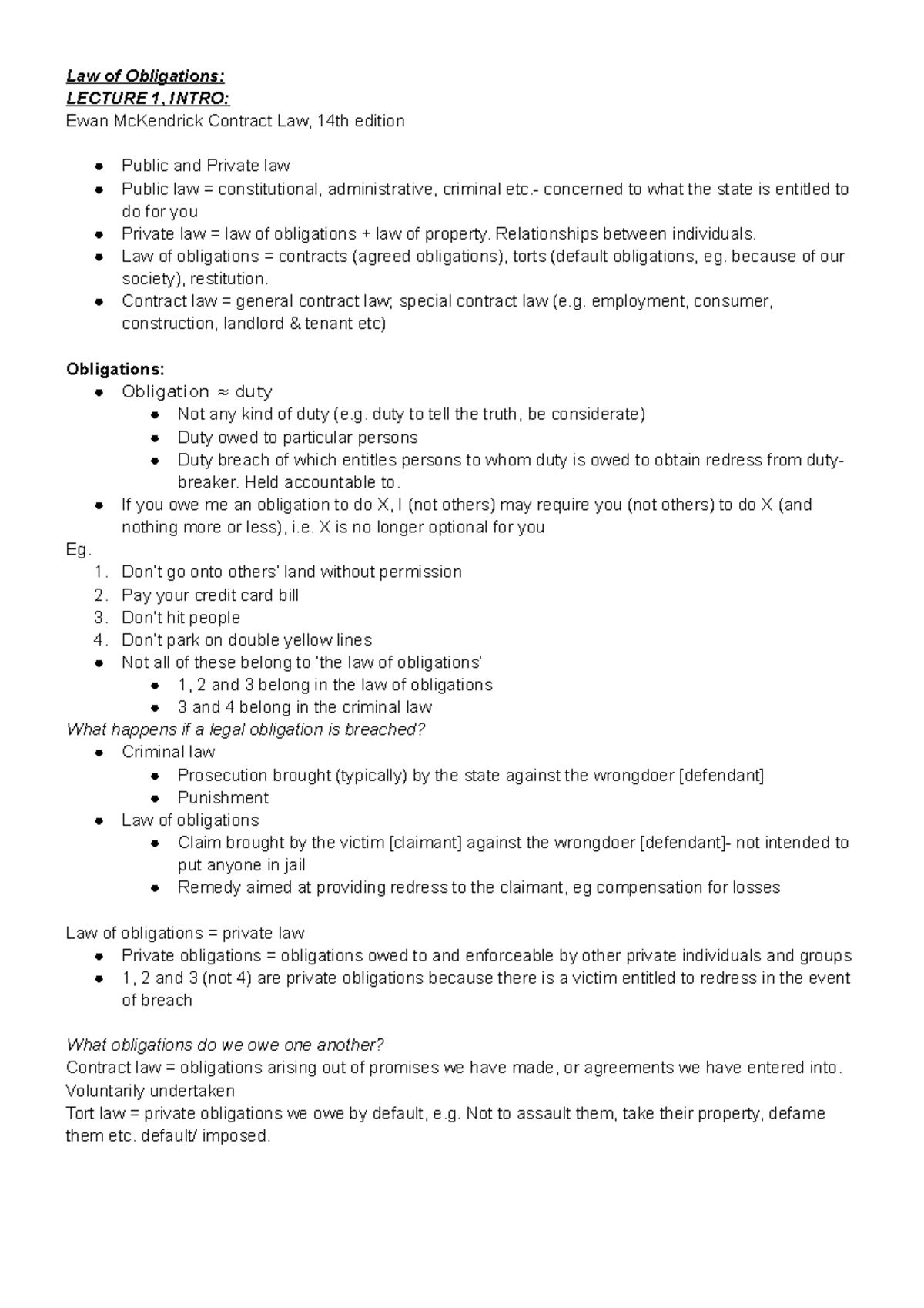 Law of Obligations - lecture and reading notes weeks MT 1-3 - Law of ...