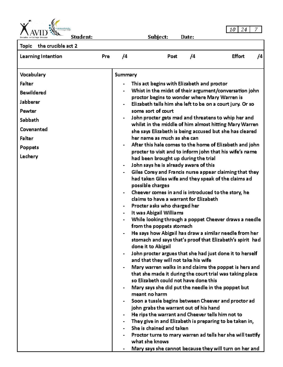 The crucable act 2 notes Student Subject Date Topic the crucible