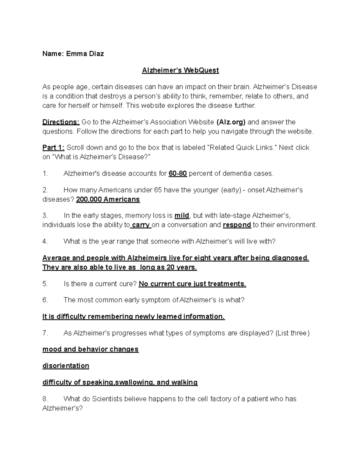 Emma Diaz - Alzheimer’s Web Quest - Name: Emma Diaz Alzheimer’s ...