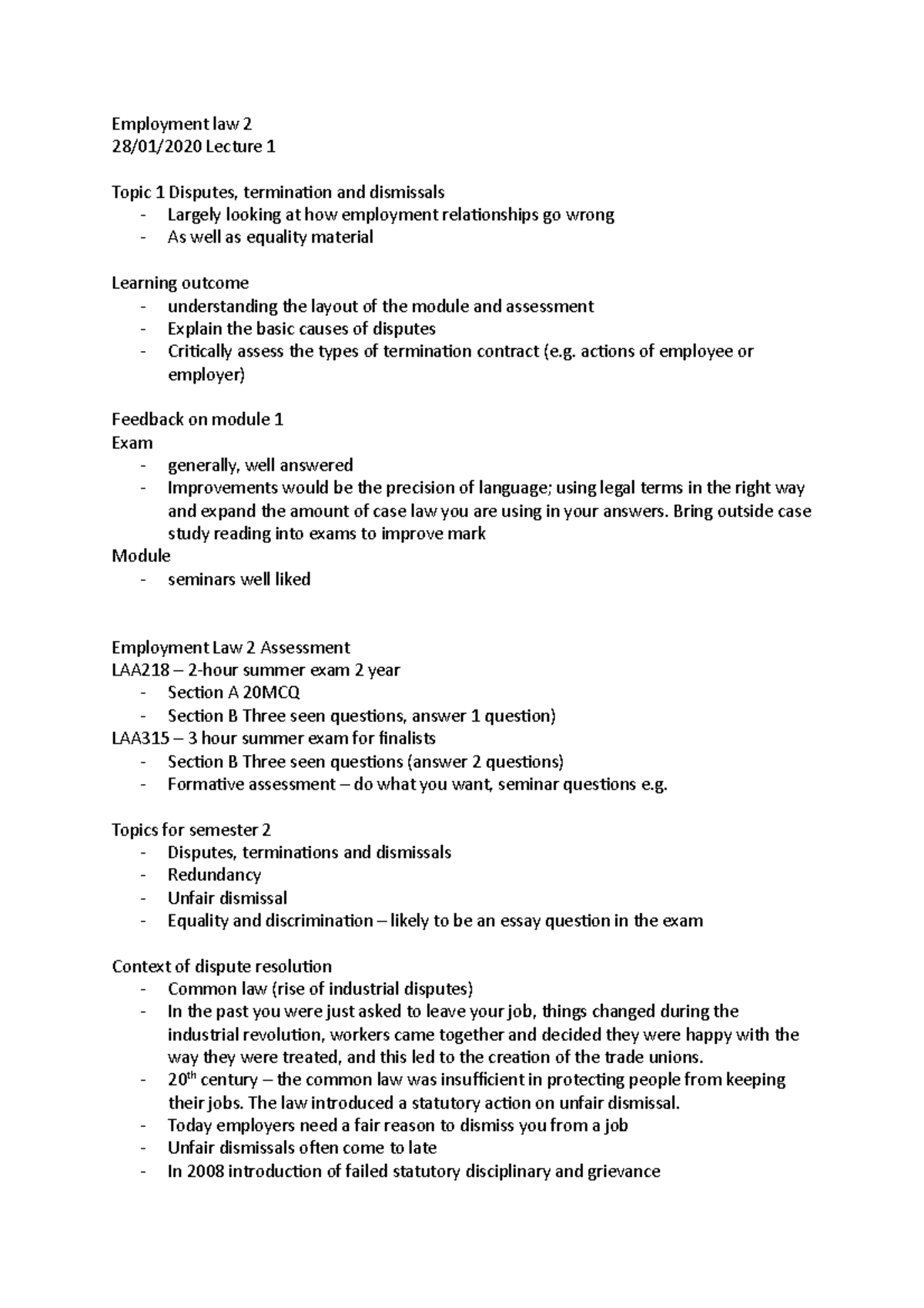 Employment law 2 28:01:2020 - Employment law 2 28/01/2020 Lecture 1 ...