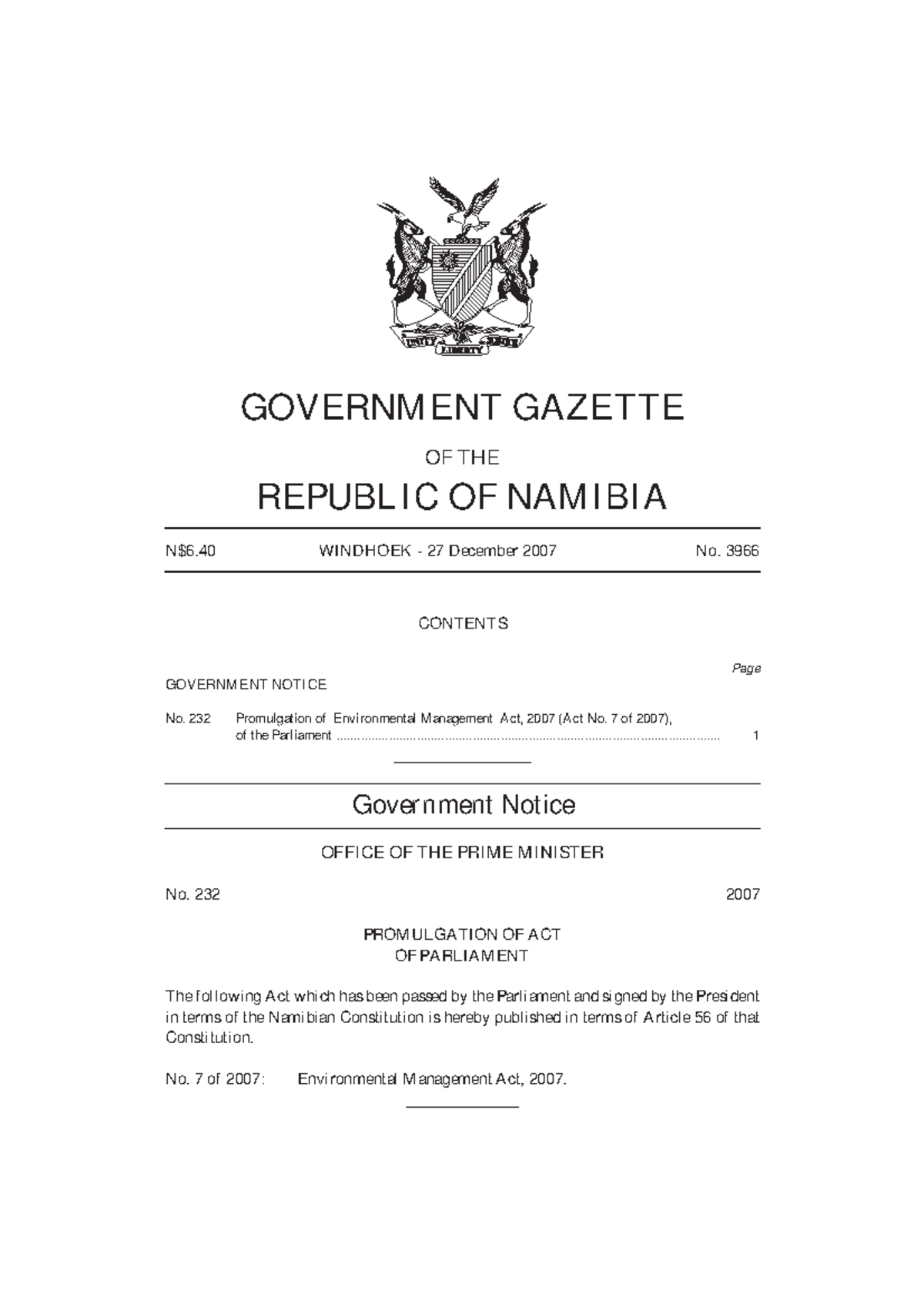 90 act 7 of 2007 environmental management act No. 3966 Government
