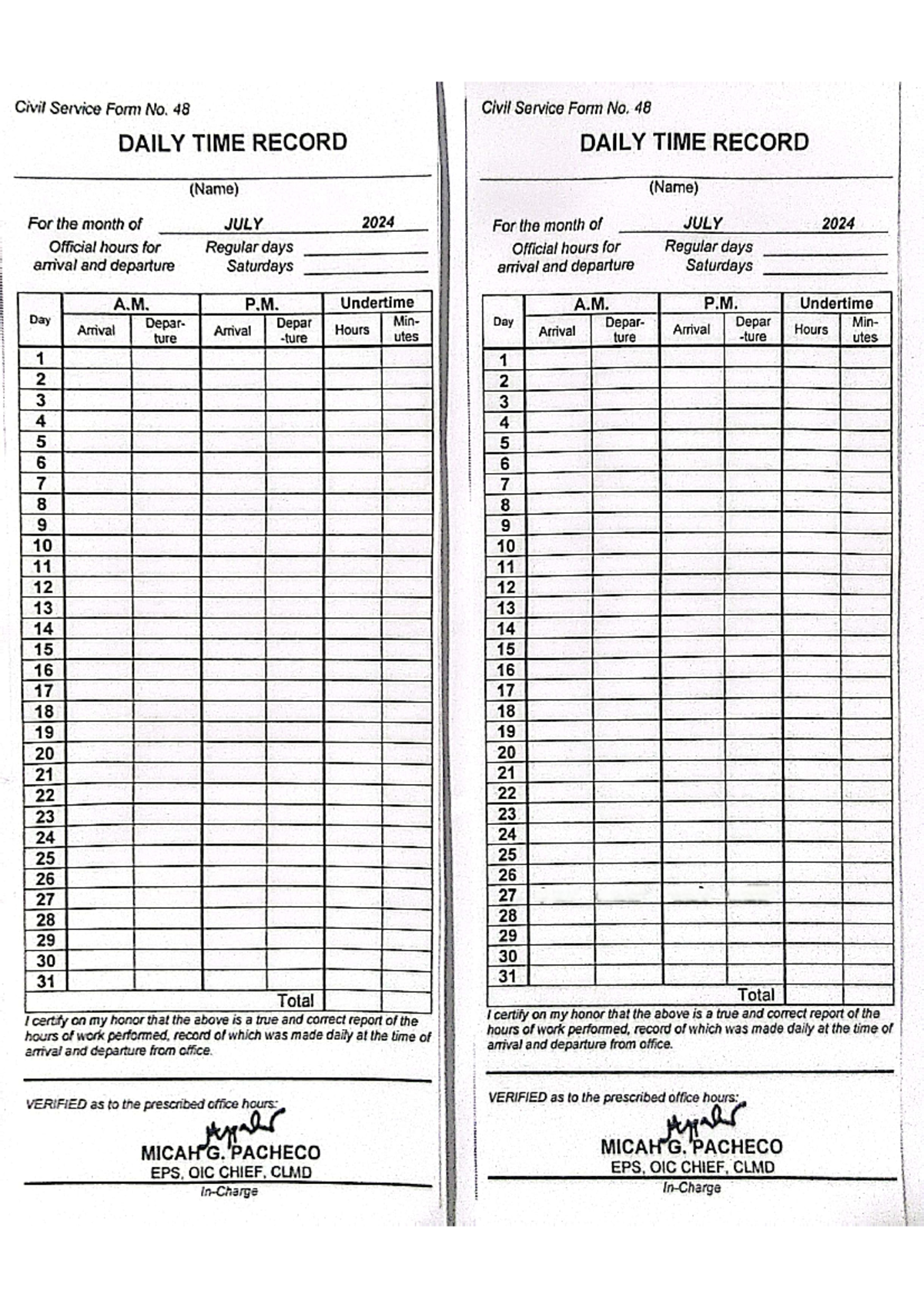 Blank DTR - Civil Service Form No. 48 Civil Service Form No. 48 DAILY ...
