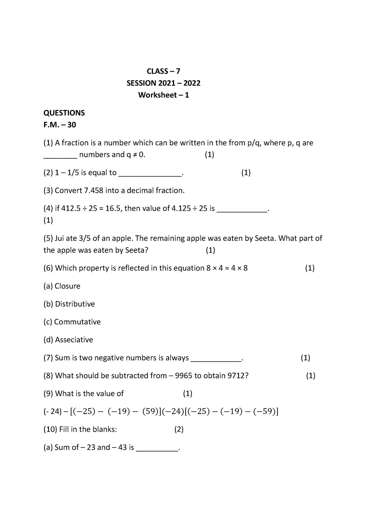 Class 7 Worksheet 1 Practice Worksheets CLASS 7 SESSION 2021 