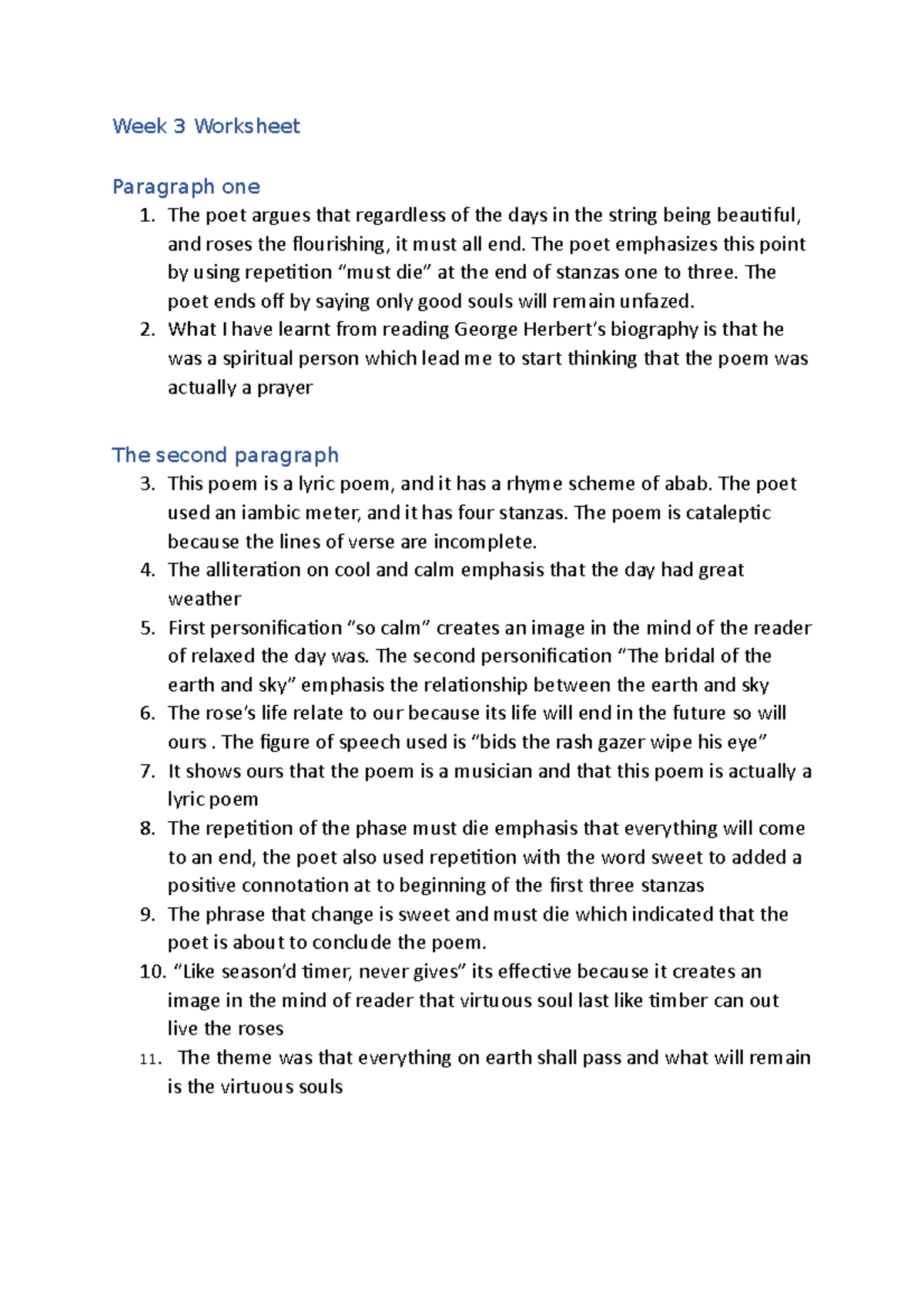 Week 3 Worksheet - Week 3 Worksheet Paragraph one 1. The poet argues ...