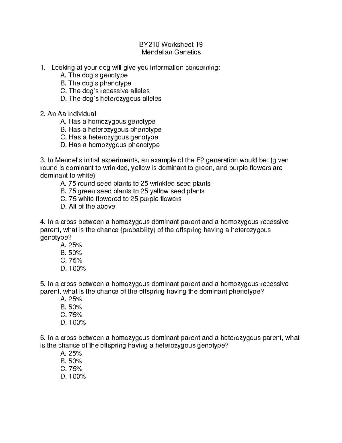 Worksheet+19 - Worksheet - BY210 Worksheet 19 Mendelian Genetics ...