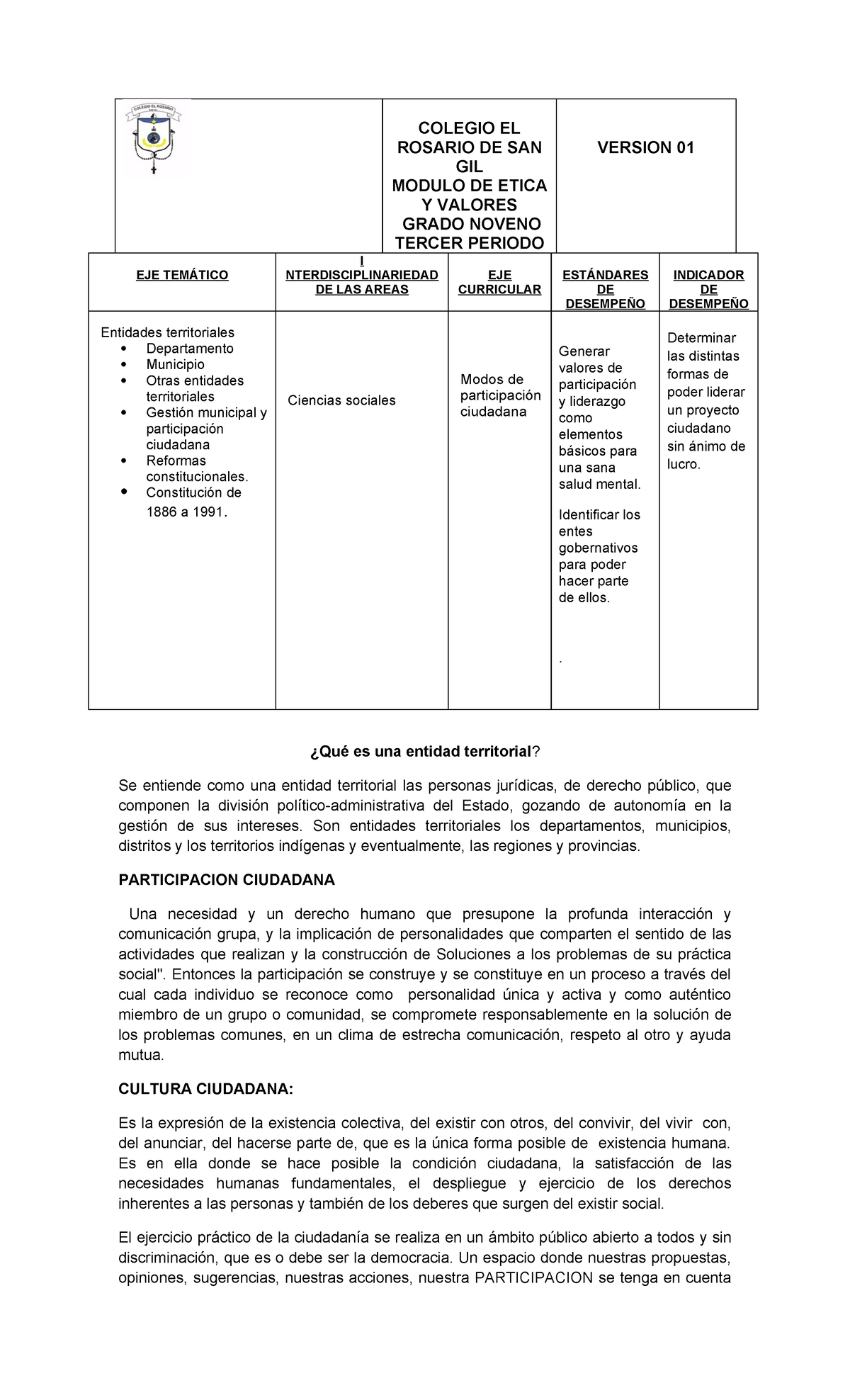 Actividades De Clase Colegio El Rosario De San Gil Modulo De Etica Y Valores Grado Noveno 1490