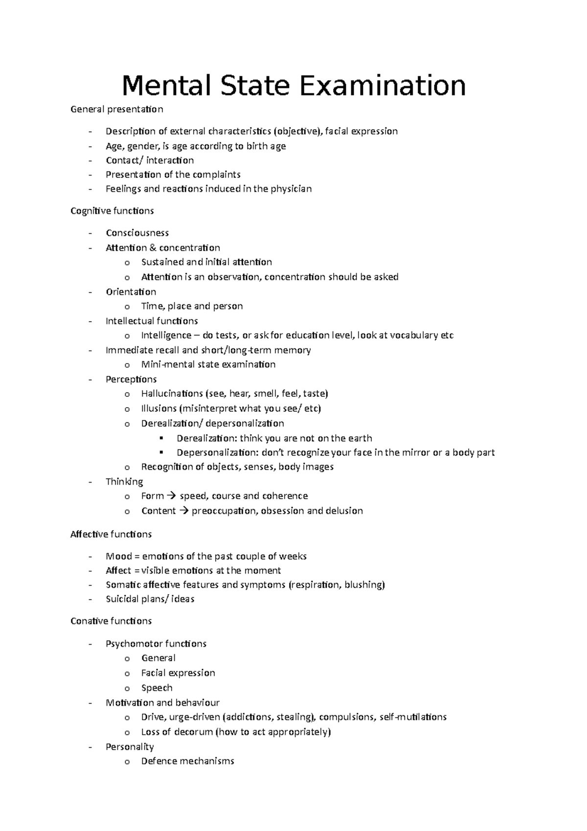 Overview MSE - Samenvatting The Psychiatric Interview - Mental State ...