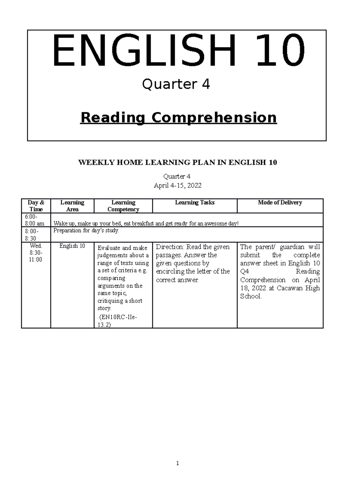 English 10 Q4 Reading Compre - WEEKLY HOME LEARNING PLAN IN ENGLISH 10 ...