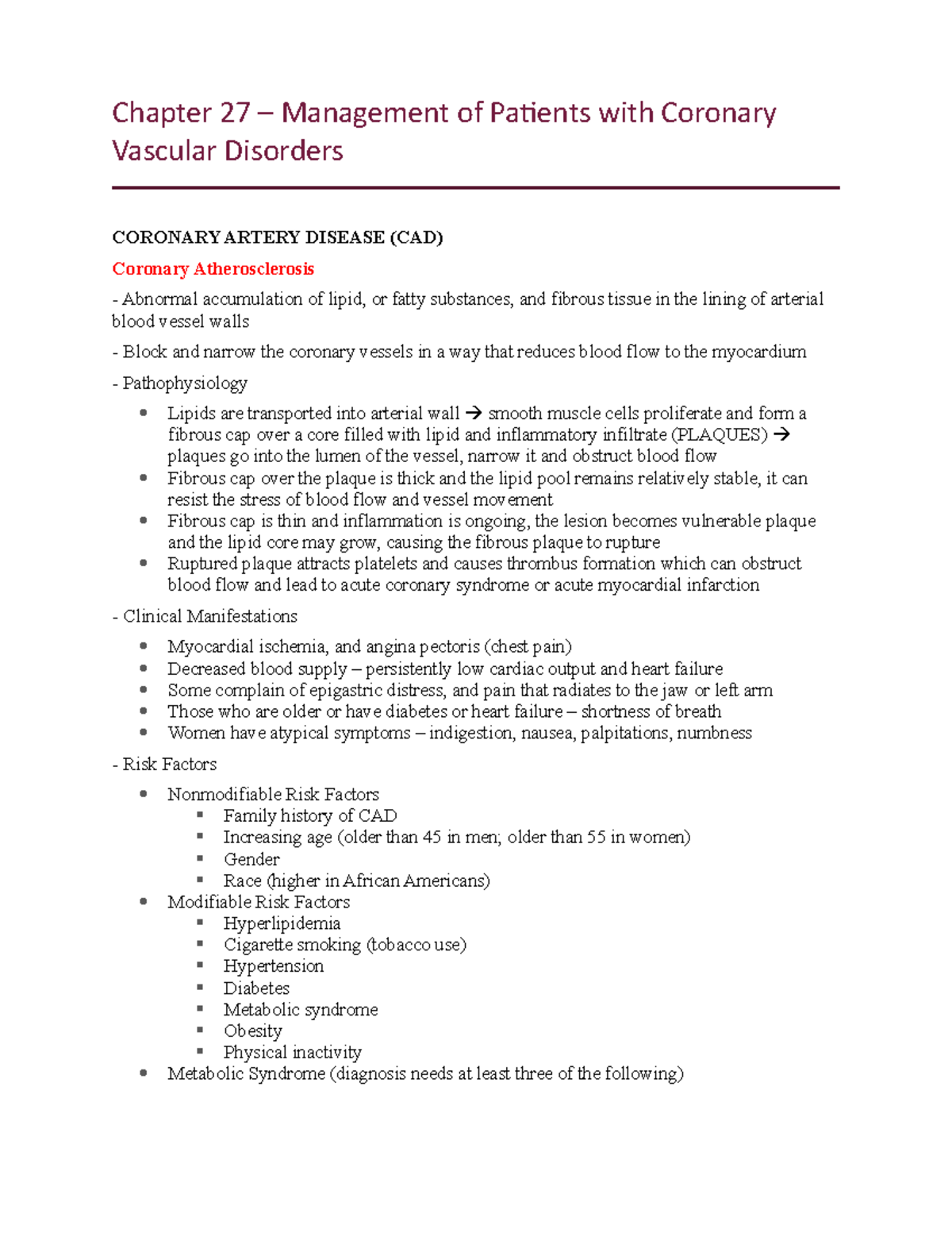 NRS 210 - Management of Patients with CVD - Chapter 27 – Management of ...