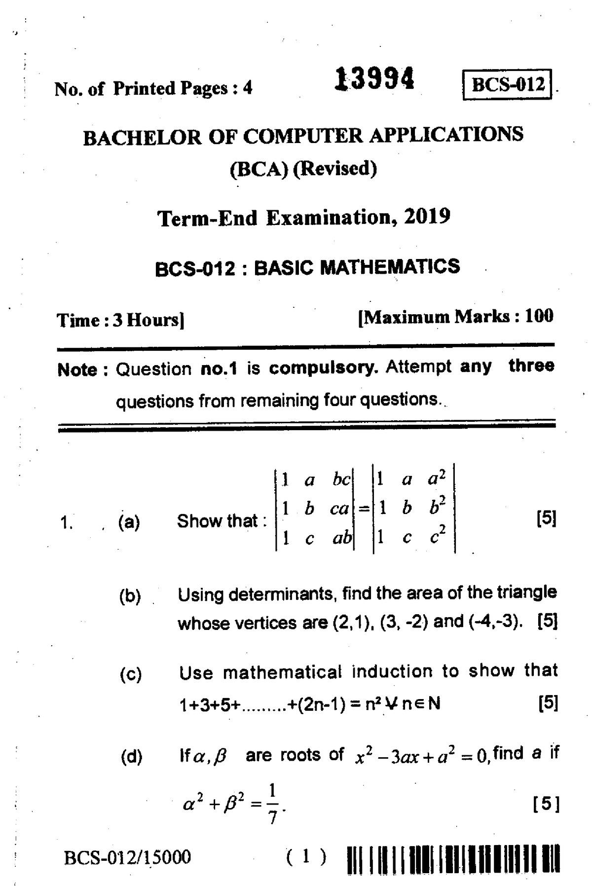 BCS-012 - Basic Mathematics - No. Of Printed Pages : 4 13994 BCS-012I ...