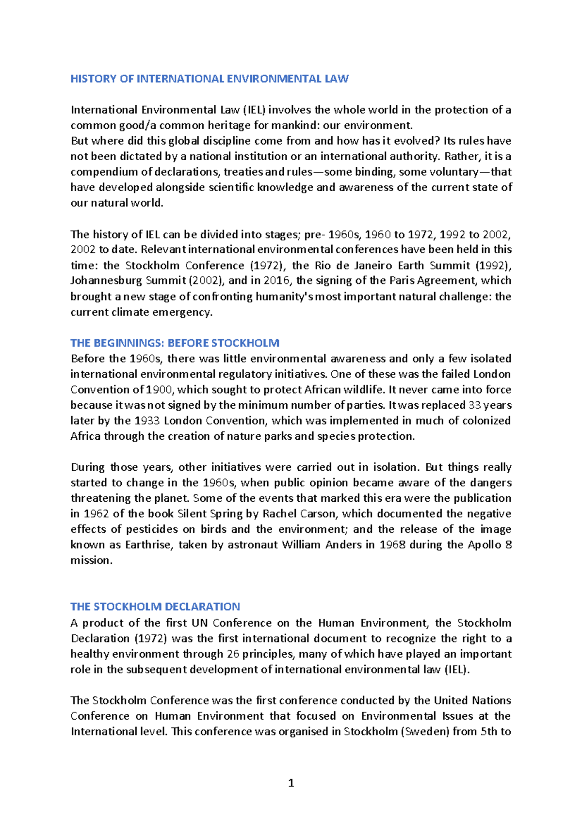 History OF International Environmental LAW HISTORY OF INTERNATIONAL
