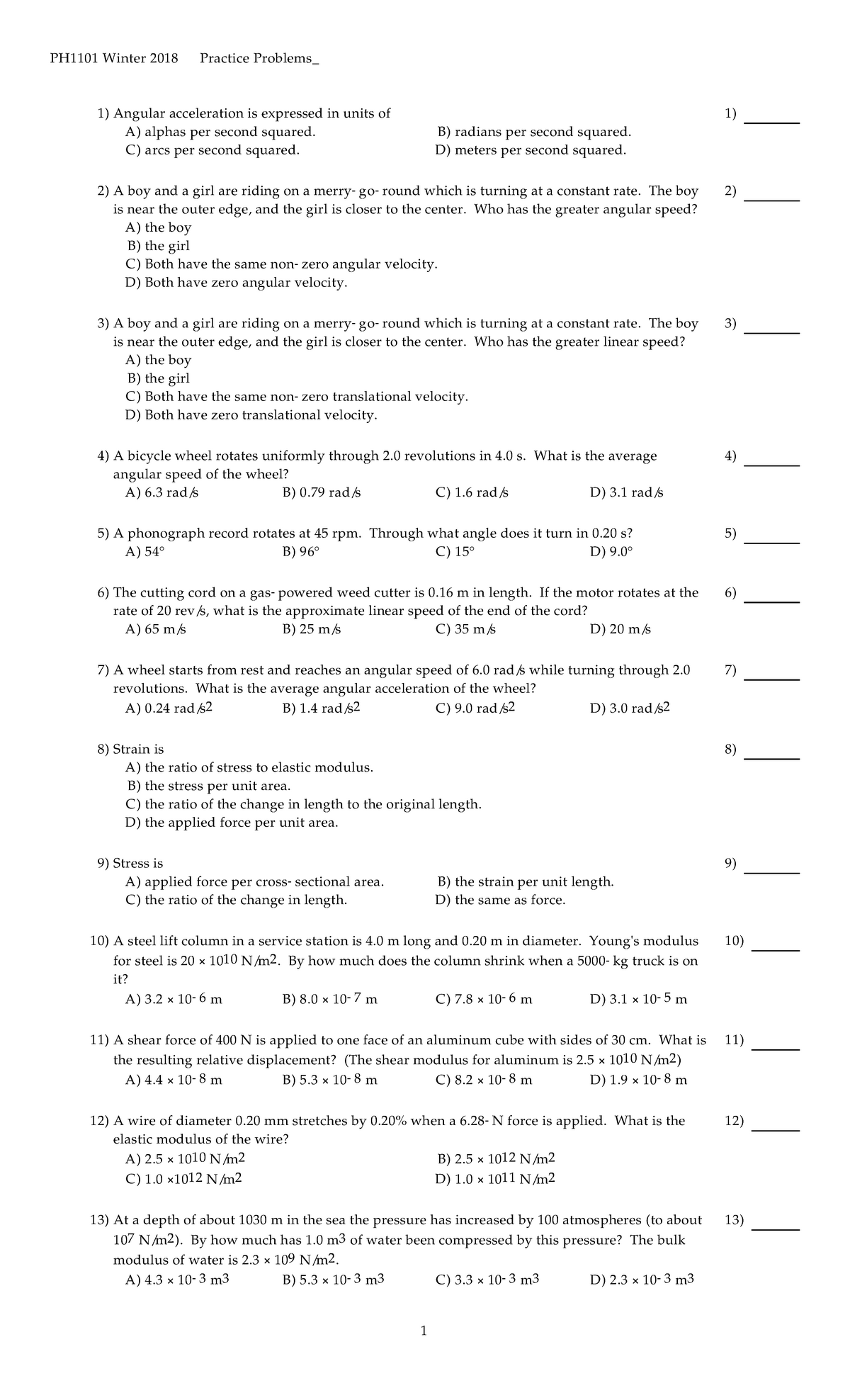 Final Exam Practice Multiple Choice Questions and Awnsers - PH1101 ...