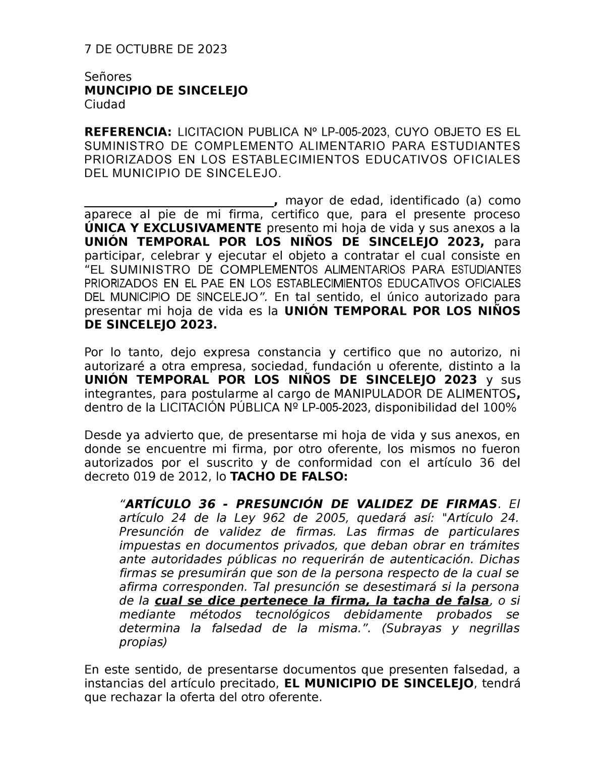 Modelocarta DE Compromiso Exclusividad ..docx - 7 DE OCTUBRE DE 2023 ...