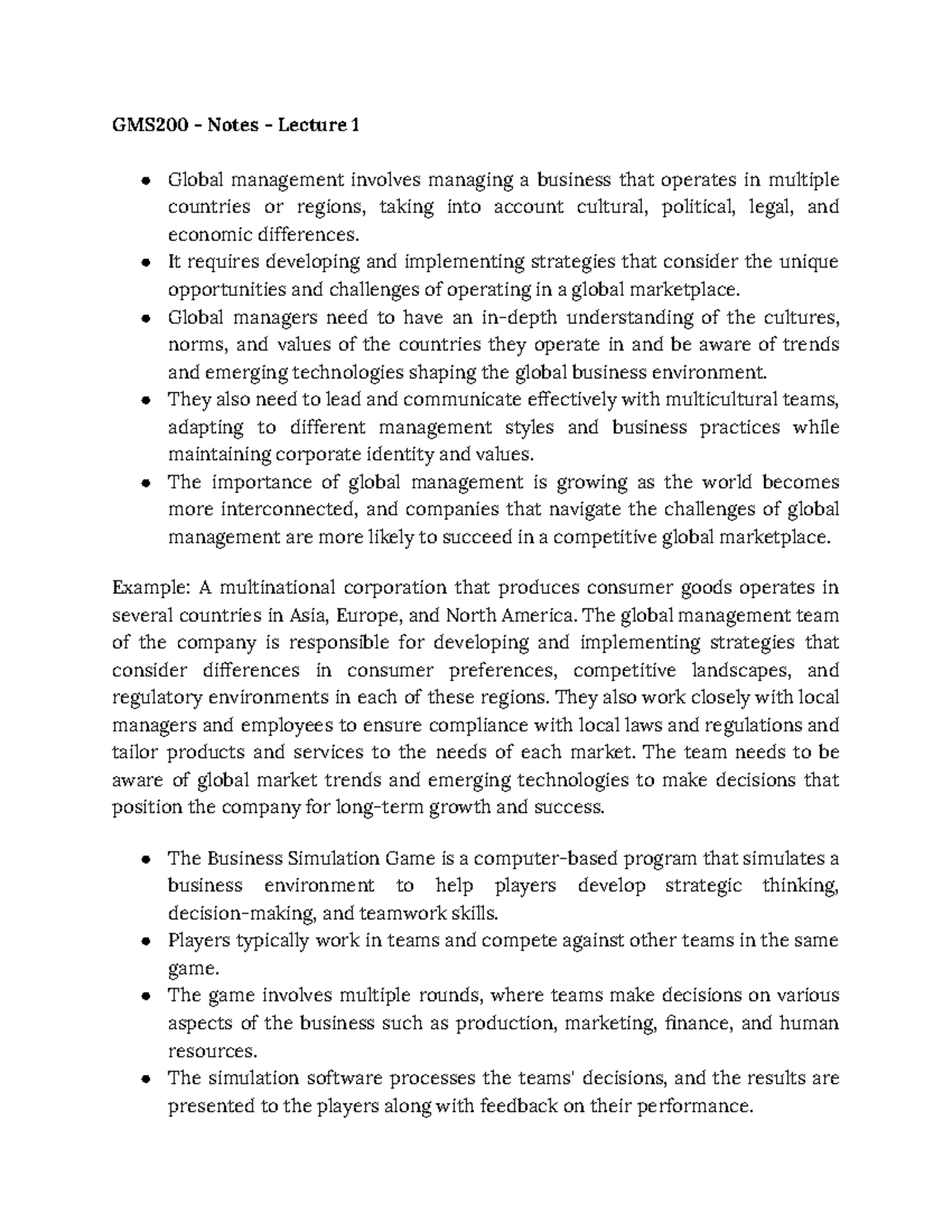 GMS200 - Notes - Lecture 1 - It requires developing and implementing ...